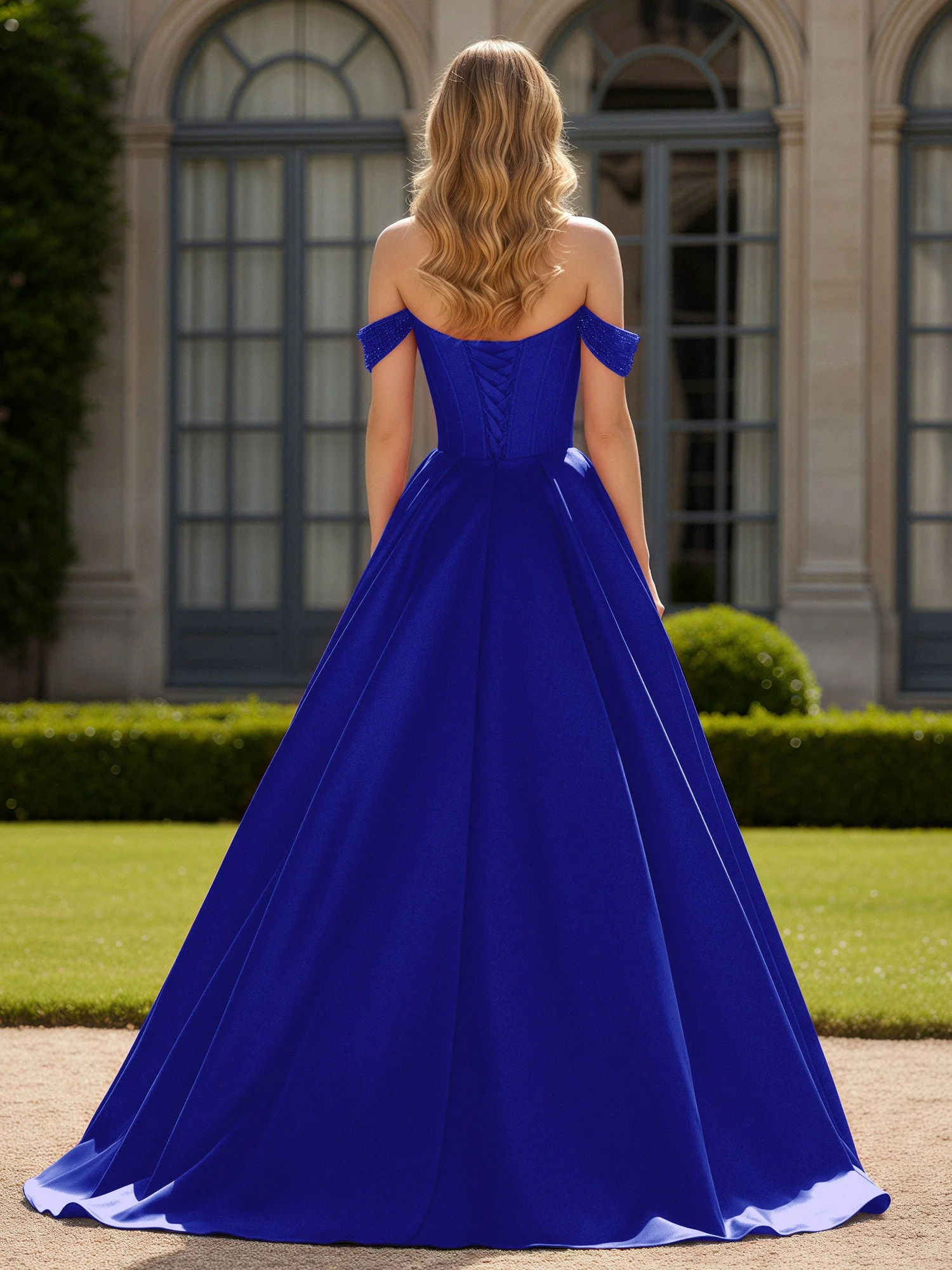 Schulterfrei Perlen Herzform A-Linie Kleid mit Schlitz Königsblau - Image 2