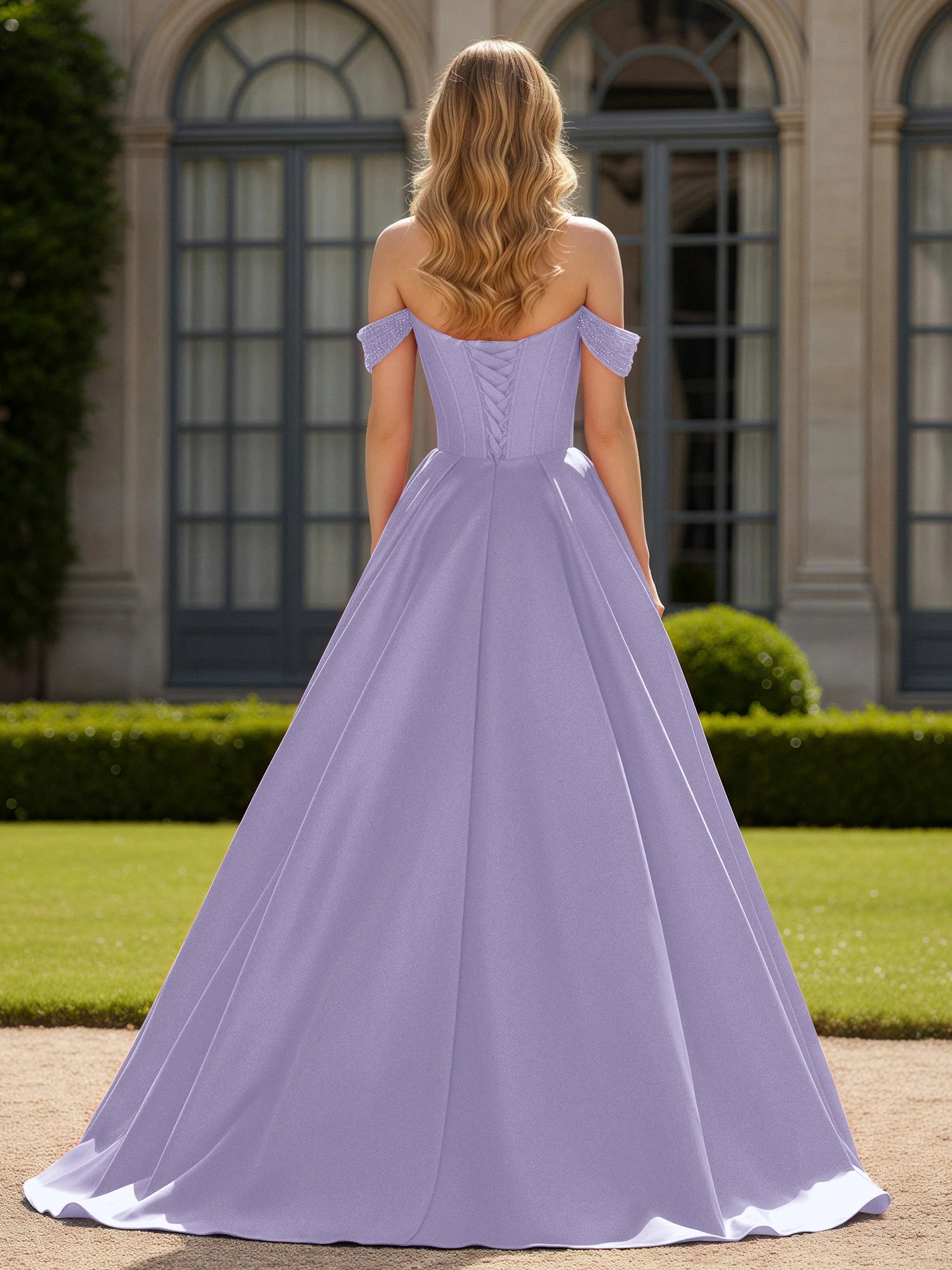 Schulterfrei Perlen Herzform A-Linie Kleid mit Schlitz Lavendel - Image 2