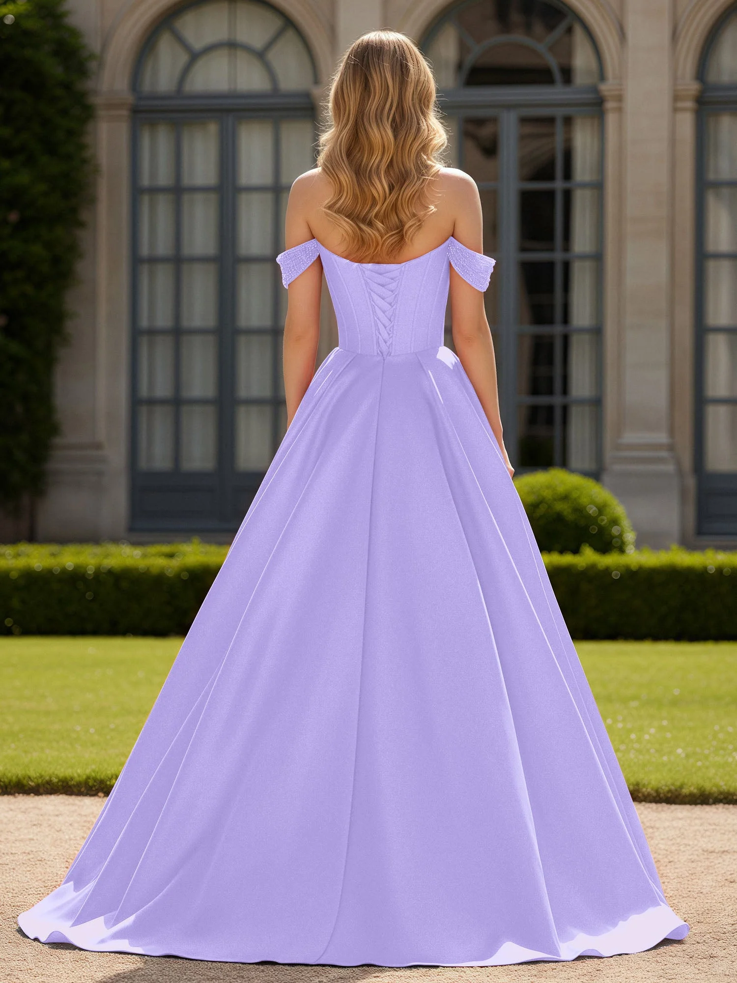 Schulterfrei Perlen Herzform A-Linie Kleid mit Schlitz Lila - Image 2