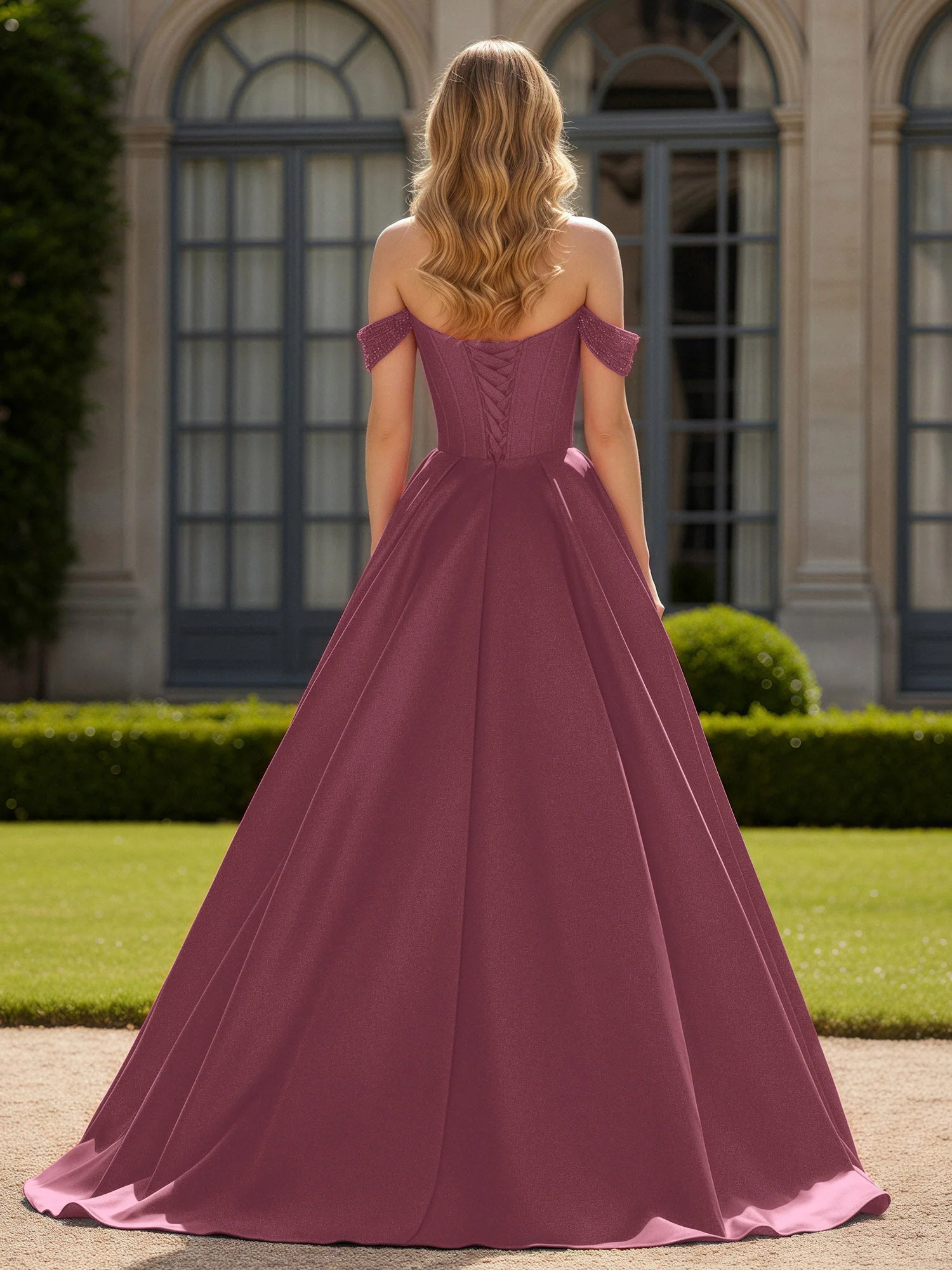 Schulterfrei Perlen Herzform A-Linie Kleid mit Schlitz Maulbeere - Image 2