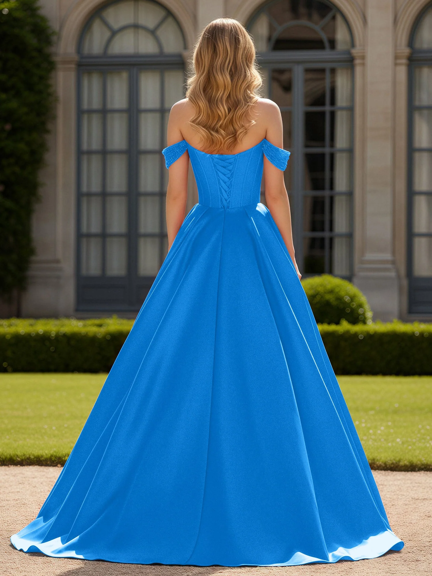 Schulterfrei Perlen Herzform A-Linie Kleid mit Schlitz Meerblau - Image 2