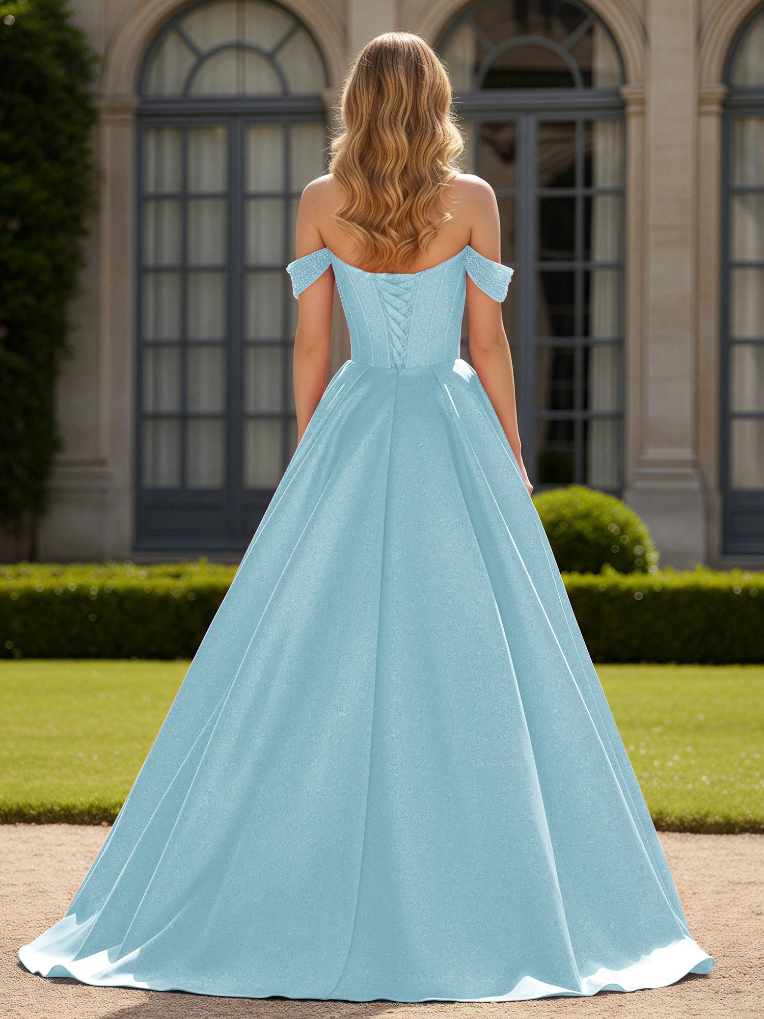 Schulterfrei Perlen Herzform A-Linie Kleid mit Schlitz Nebel - Image 2
