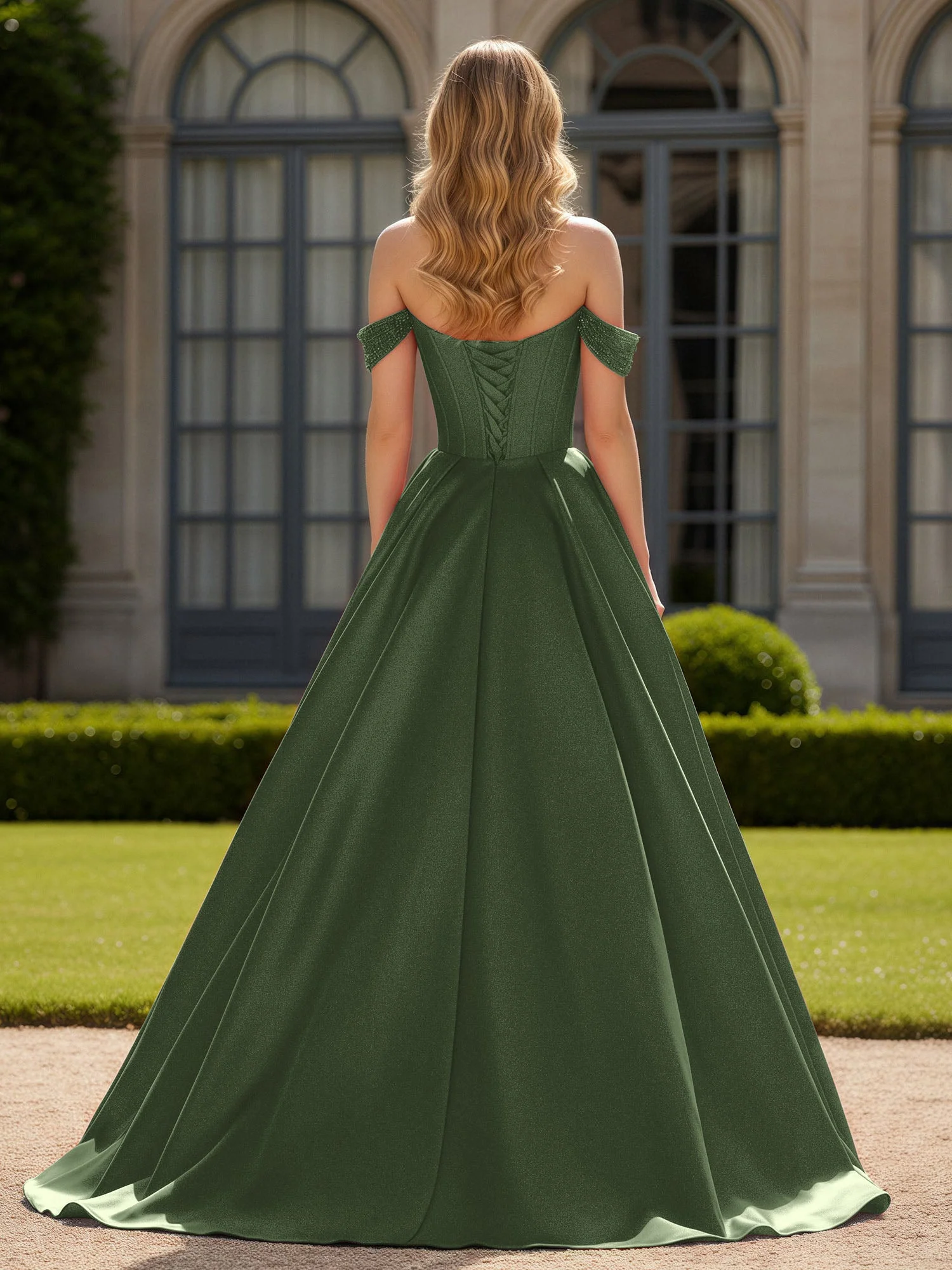 Schulterfrei Perlen Herzform A-Linie Kleid mit Schlitz Olivgrün - Image 2