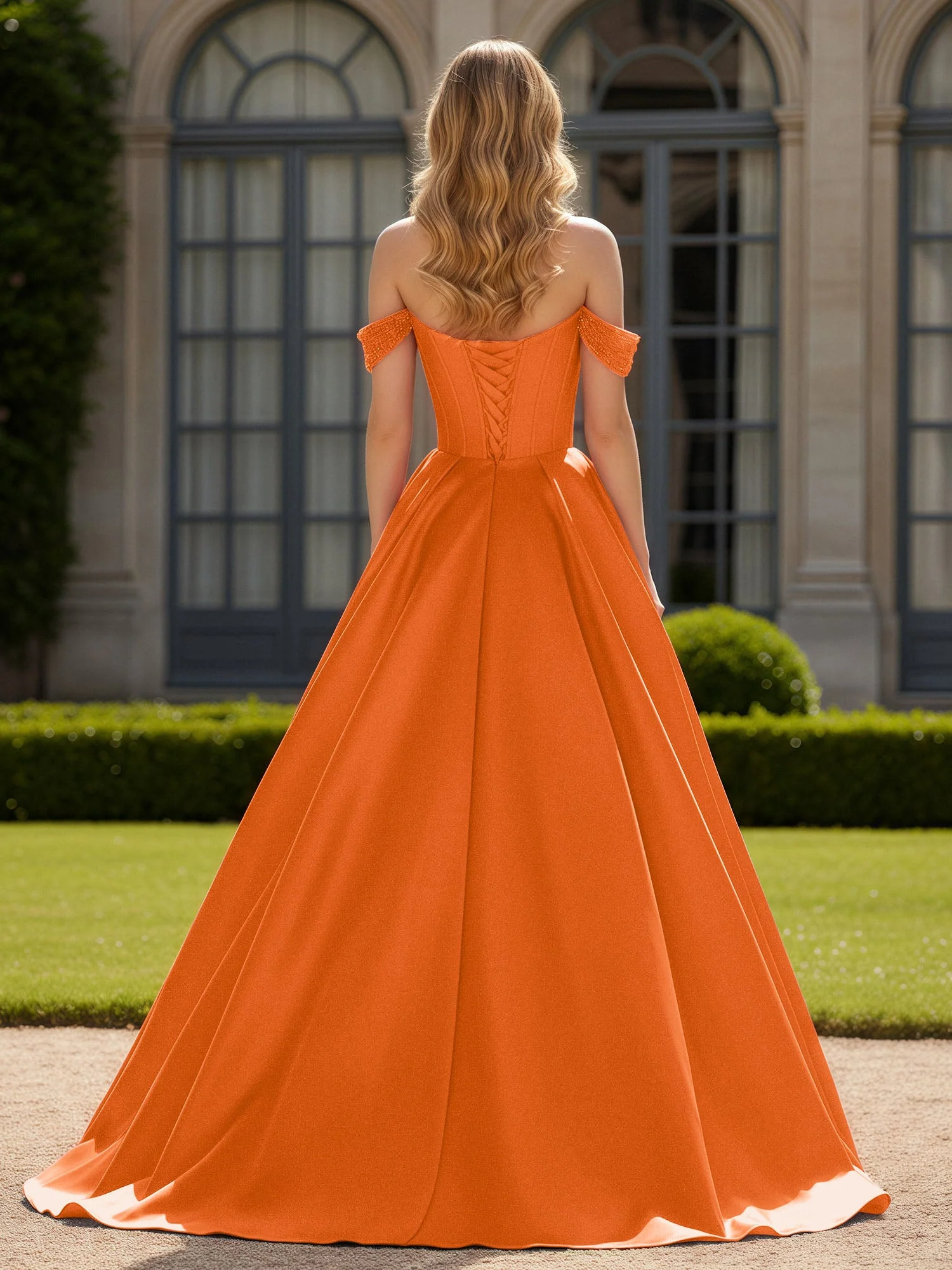 Schulterfrei Perlen Herzform A-Linie Kleid mit Schlitz Orange - Image 2