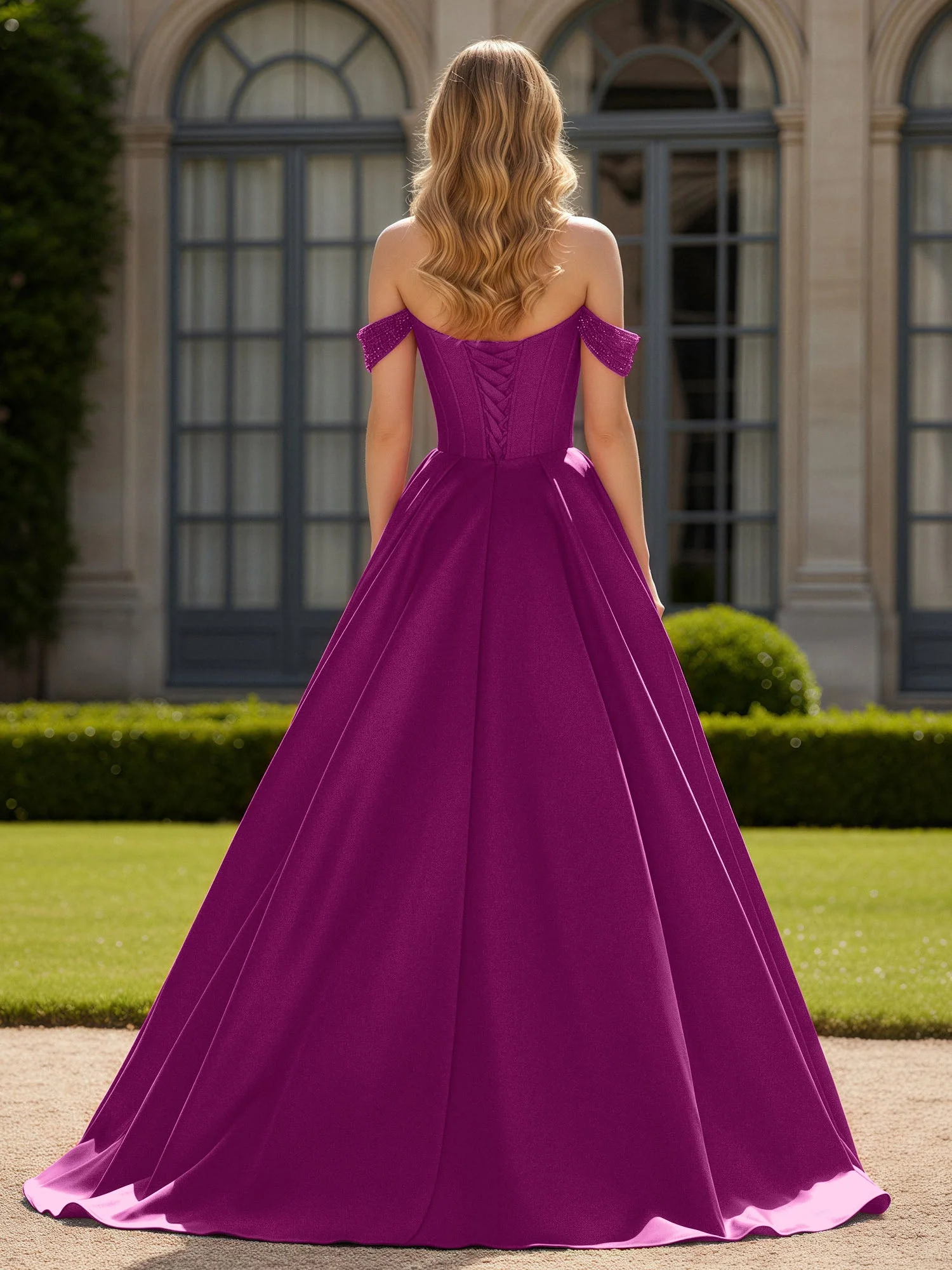 Schulterfrei Perlen Herzform A-Linie Kleid mit Schlitz Orchidee - Image 2