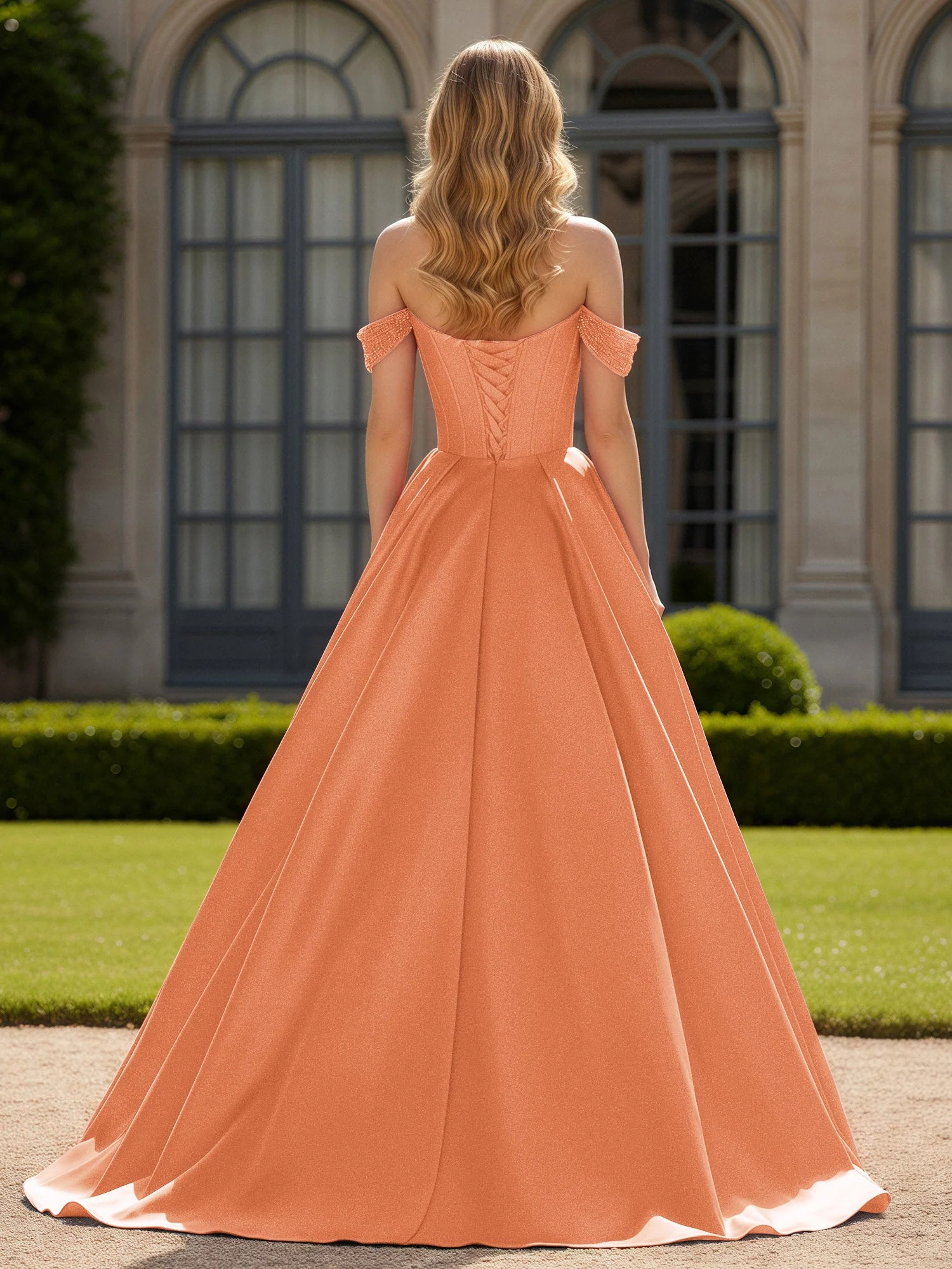 Schulterfrei Perlen Herzform A-Linie Kleid mit Schlitz Papaya - Image 2