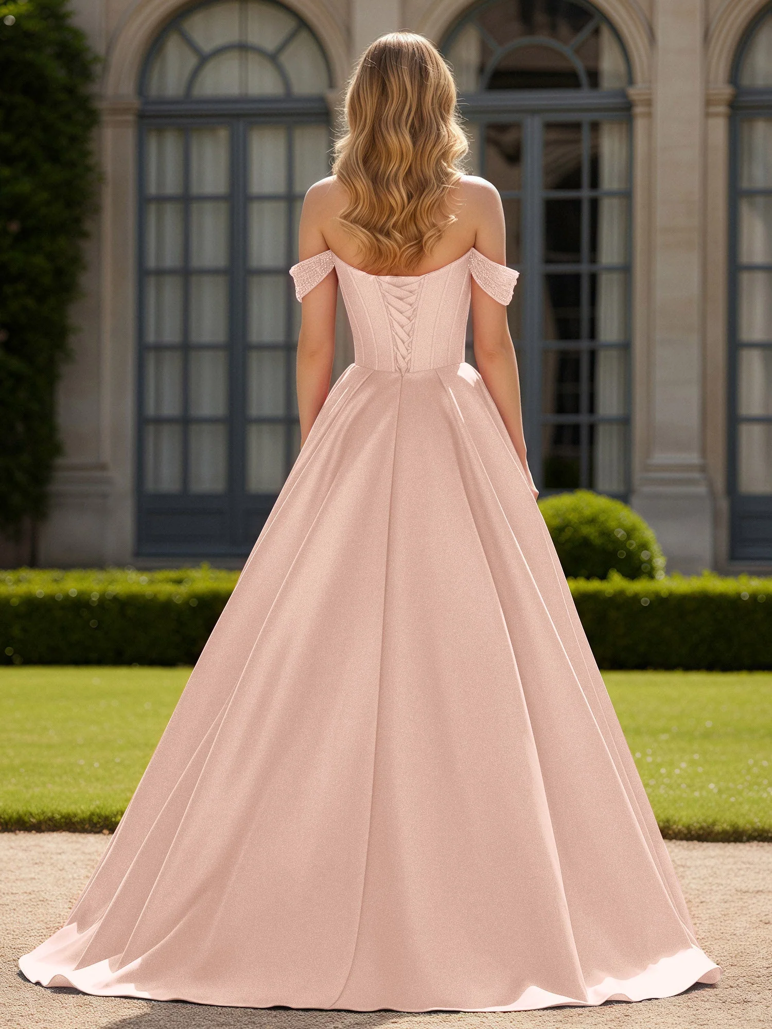 Schulterfrei Perlen Herzform A-Linie Kleid mit Schlitz Perlrosa - Image 2