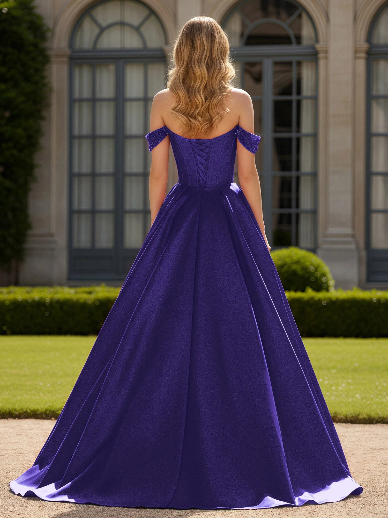Schulterfrei Perlen Herzform A-Linie Kleid mit Schlitz Regentschaft - Image 2