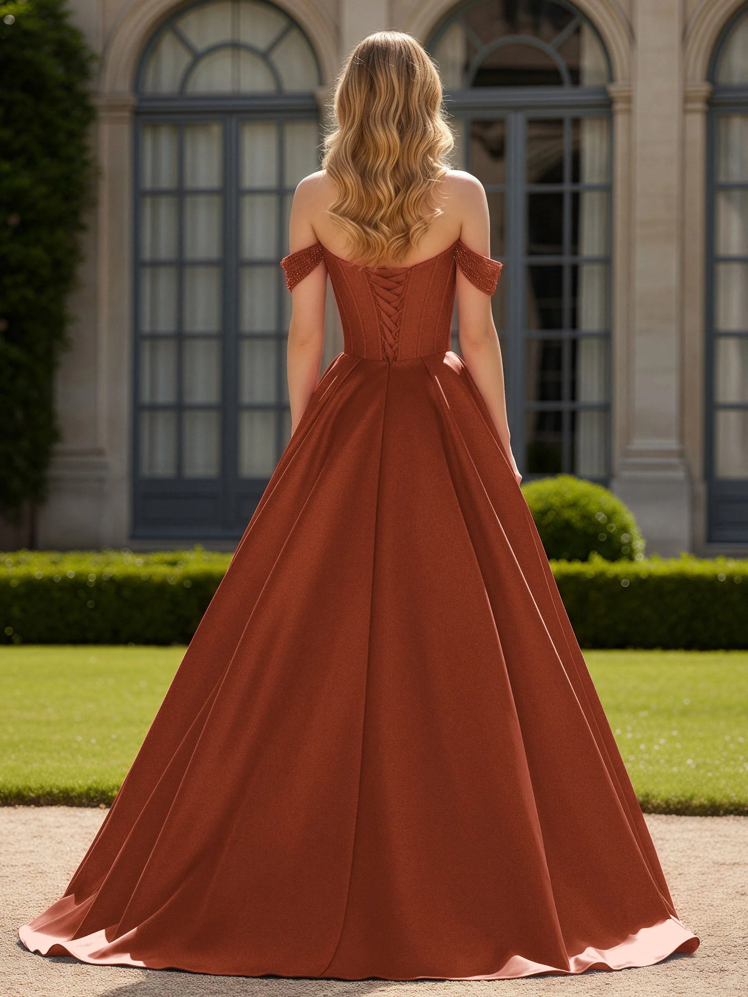 Schulterfrei Perlen Herzform A-Linie Kleid mit Schlitz Rost - Image 2