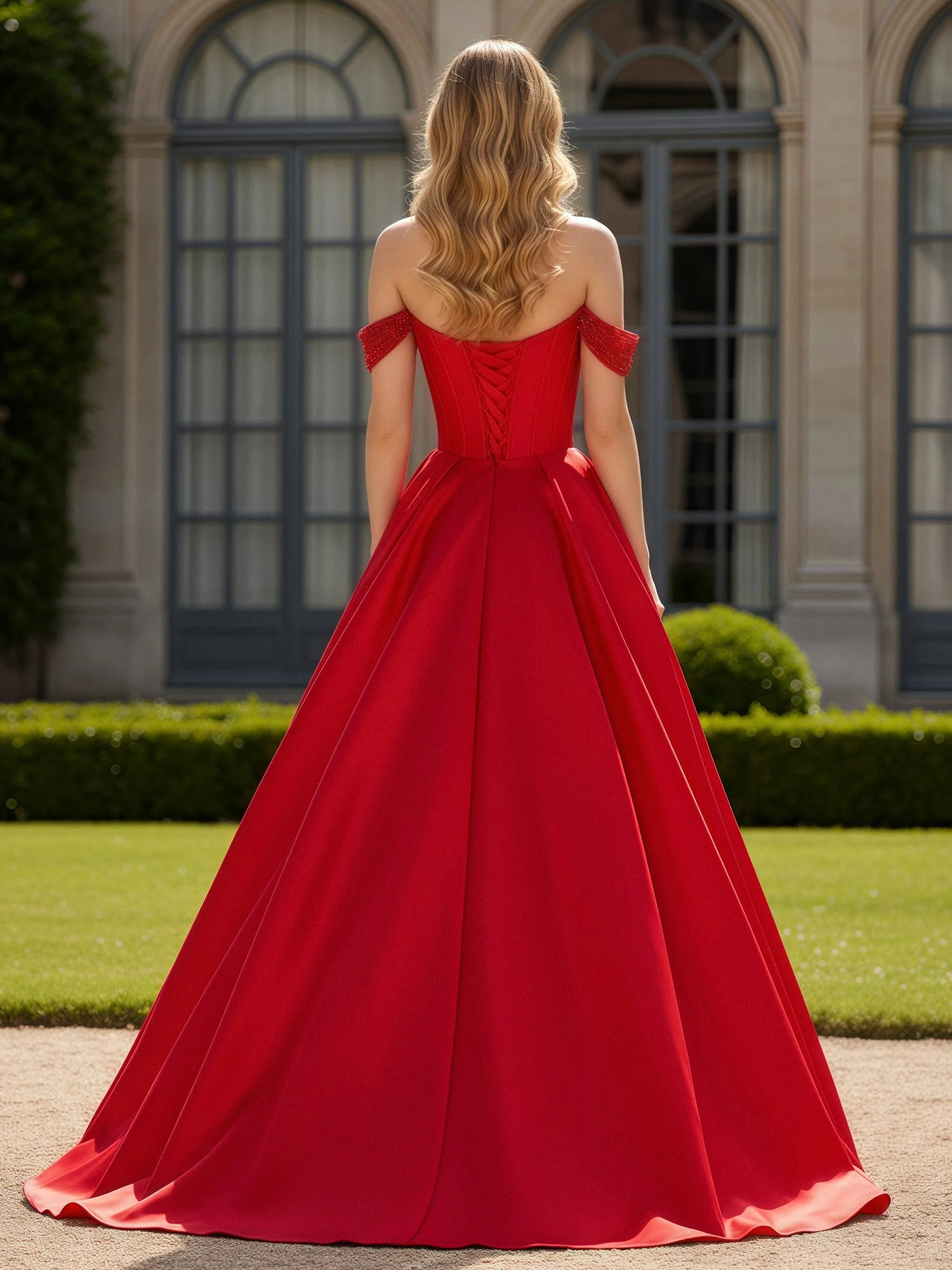 Schulterfrei Perlen Herzform A-Linie Kleid mit Schlitz Rot - Image 2