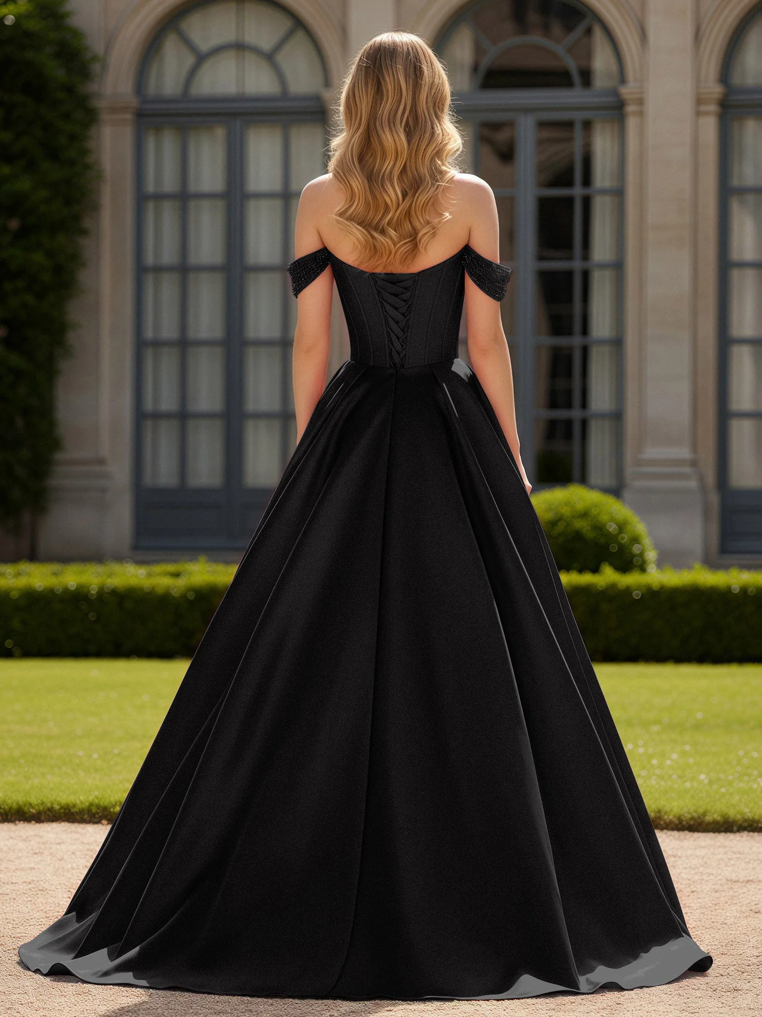 Schulterfrei Perlen Herzform A-Linie Kleid mit Schlitz Schwarz - Image 2