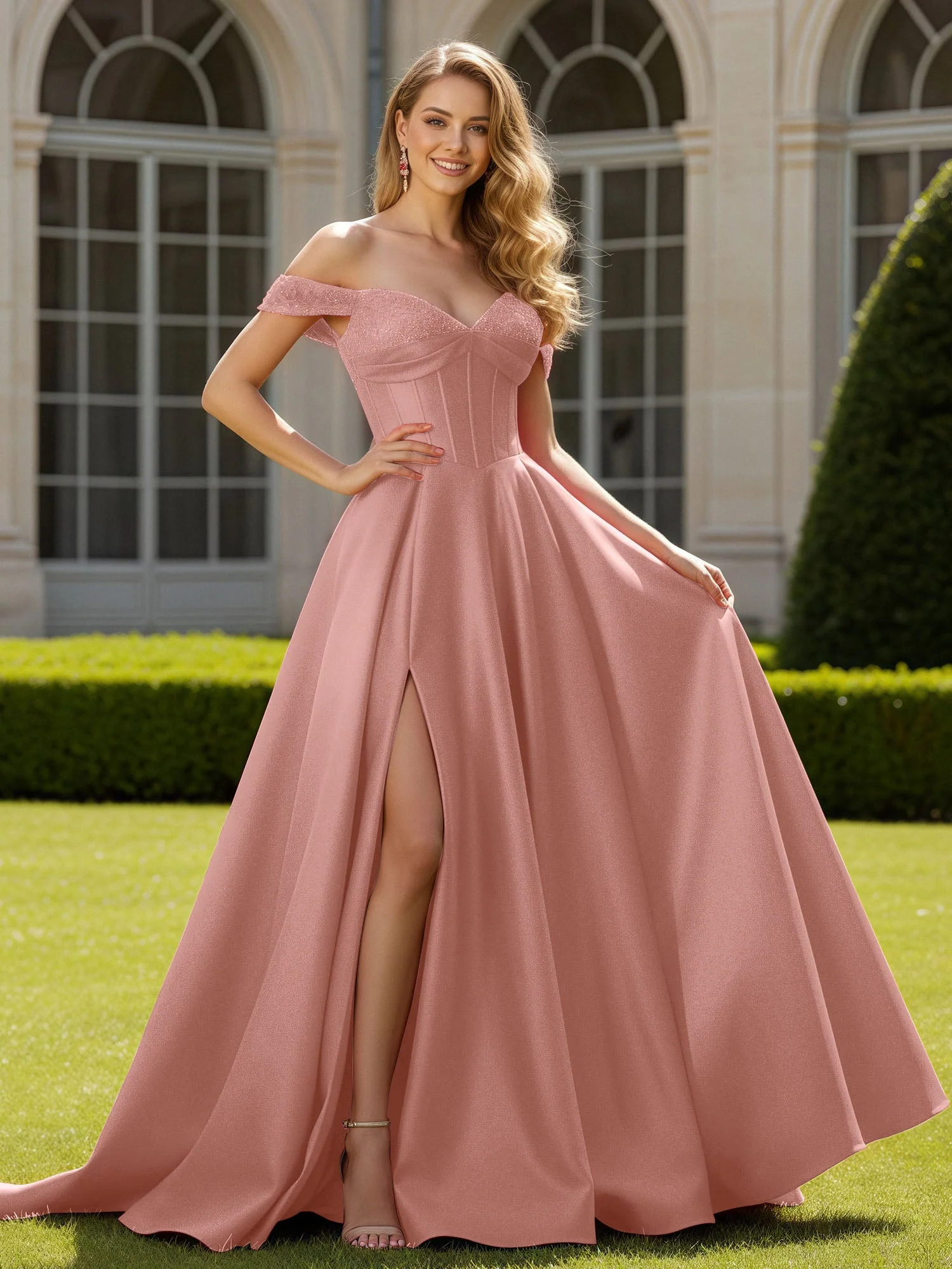 Schulterfrei Perlen Herzform A-Linie Kleid mit Schlitz Staubige Rosa
