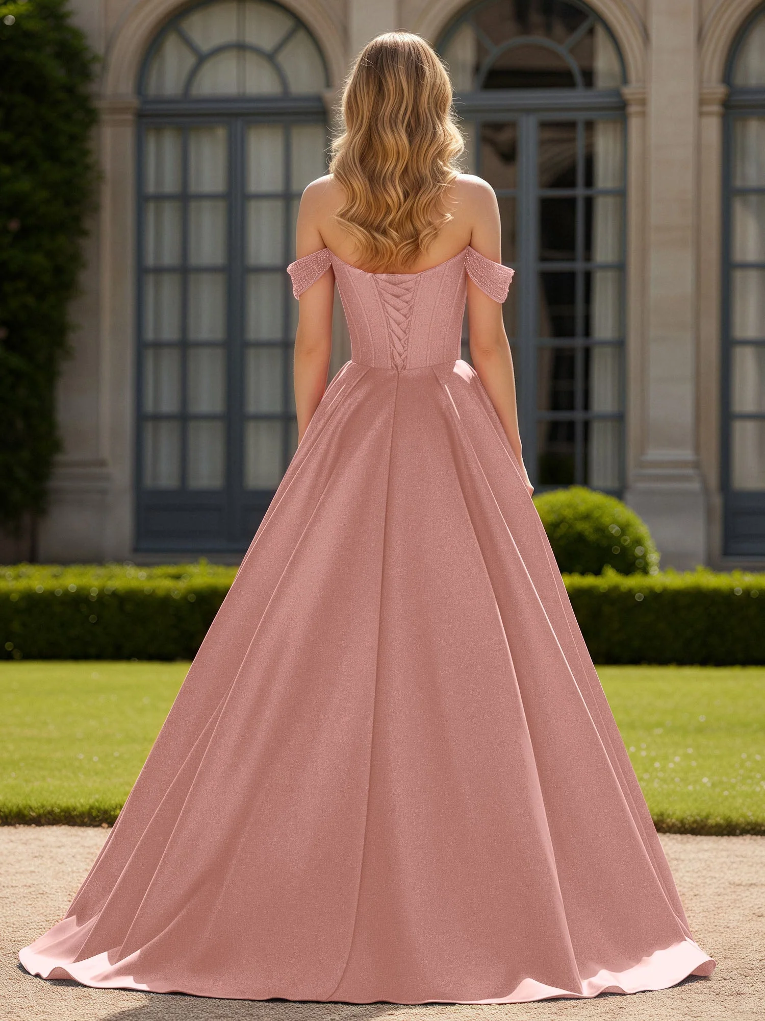 Schulterfrei Perlen Herzform A-Linie Kleid mit Schlitz Staubige Rosa - Image 2
