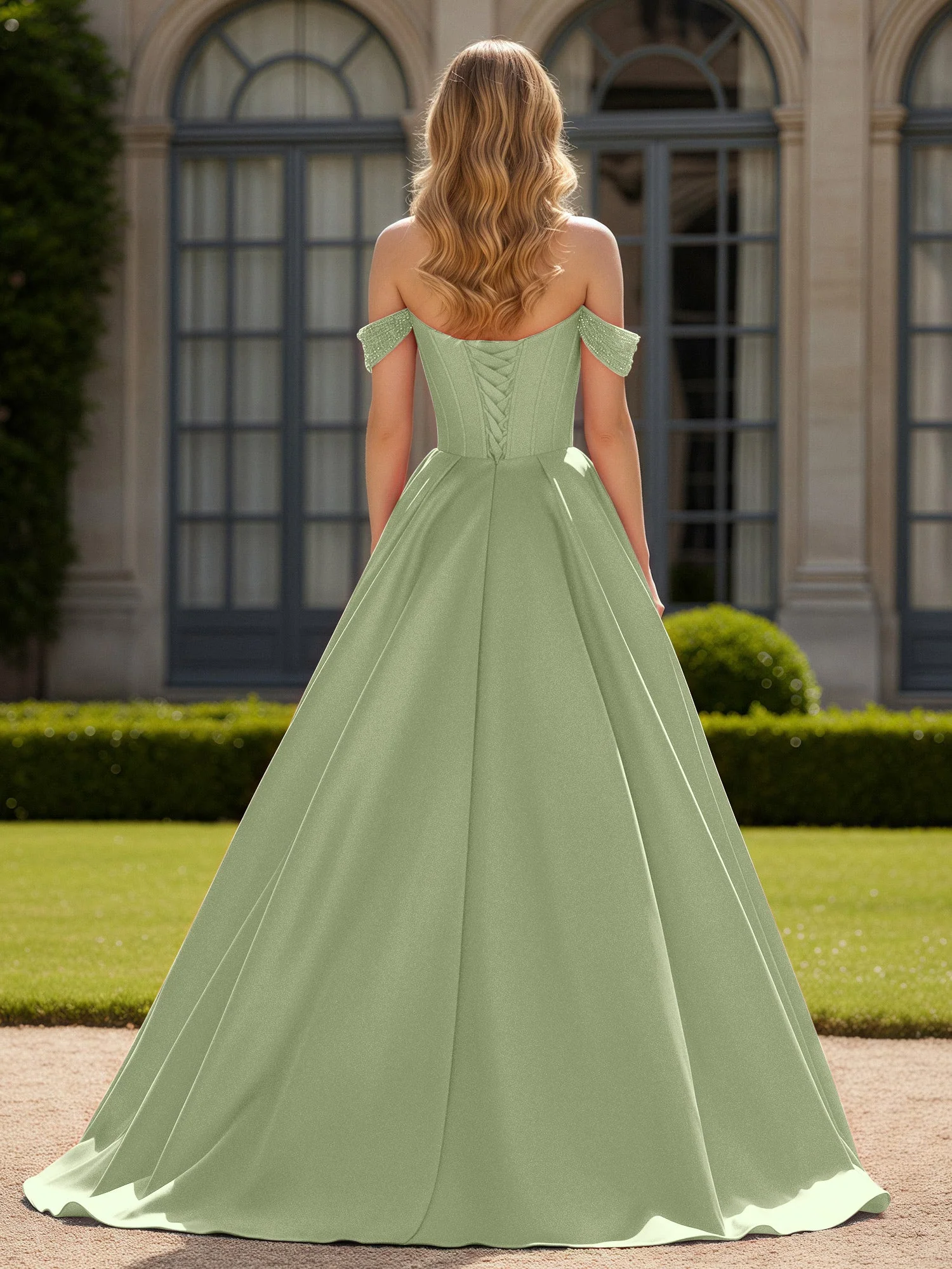 Schulterfrei Perlen Herzform A-Linie Kleid mit Schlitz Staubiges Salbei - Image 2