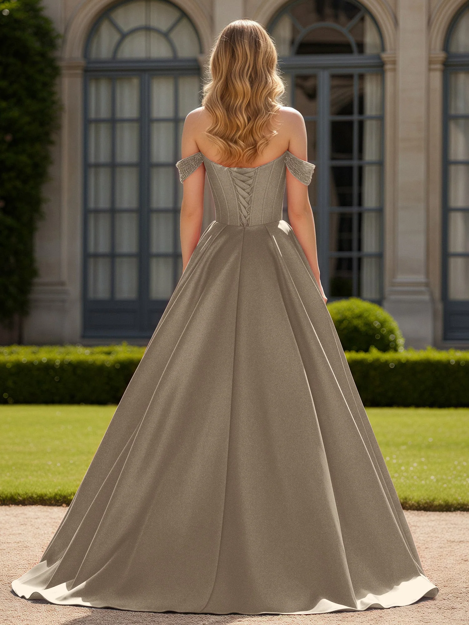 Schulterfrei Perlen Herzform A-Linie Kleid mit Schlitz Taupe - Image 2