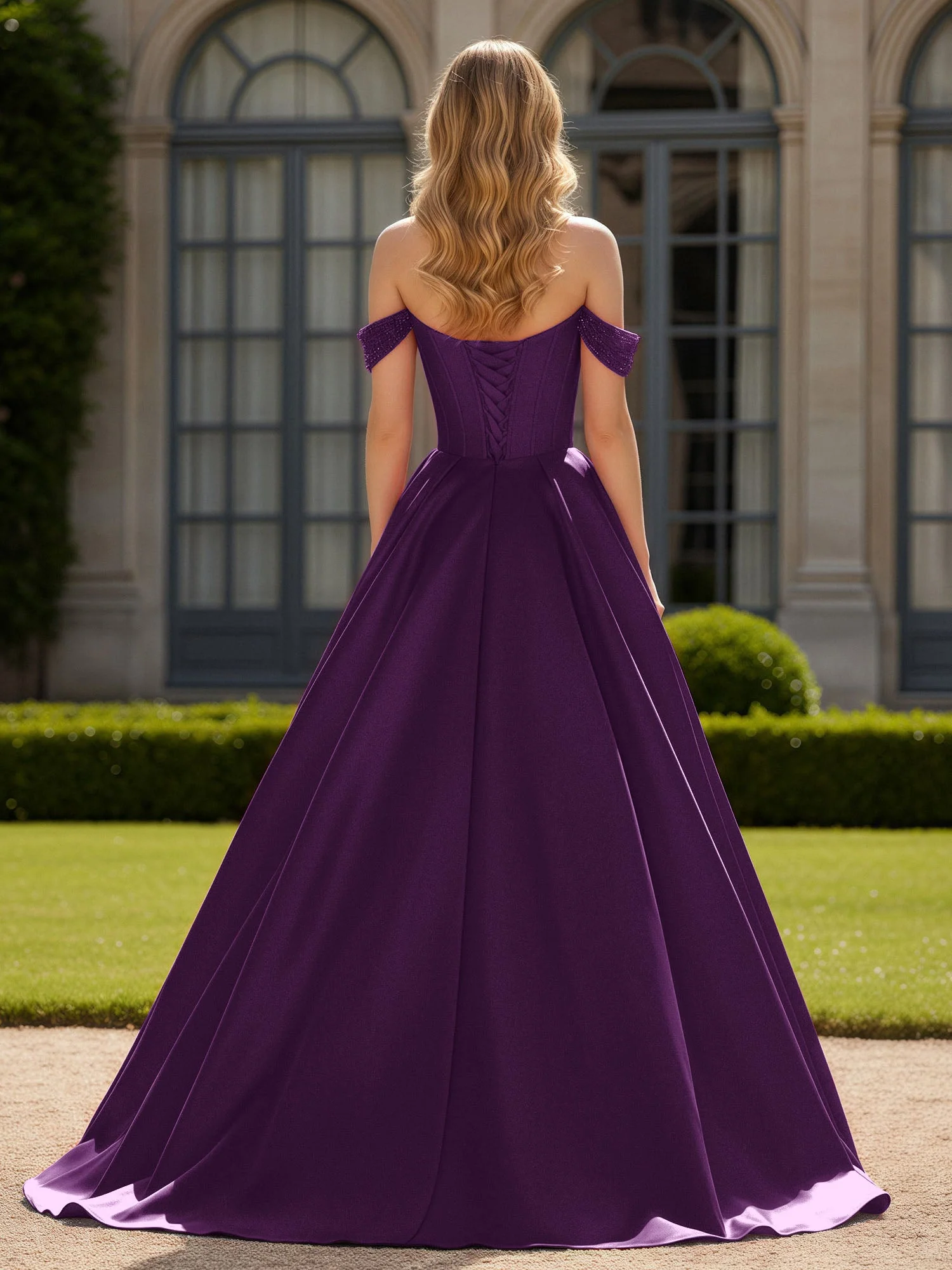 Schulterfrei Perlen Herzform A-Linie Kleid mit Schlitz Traube - Image 2