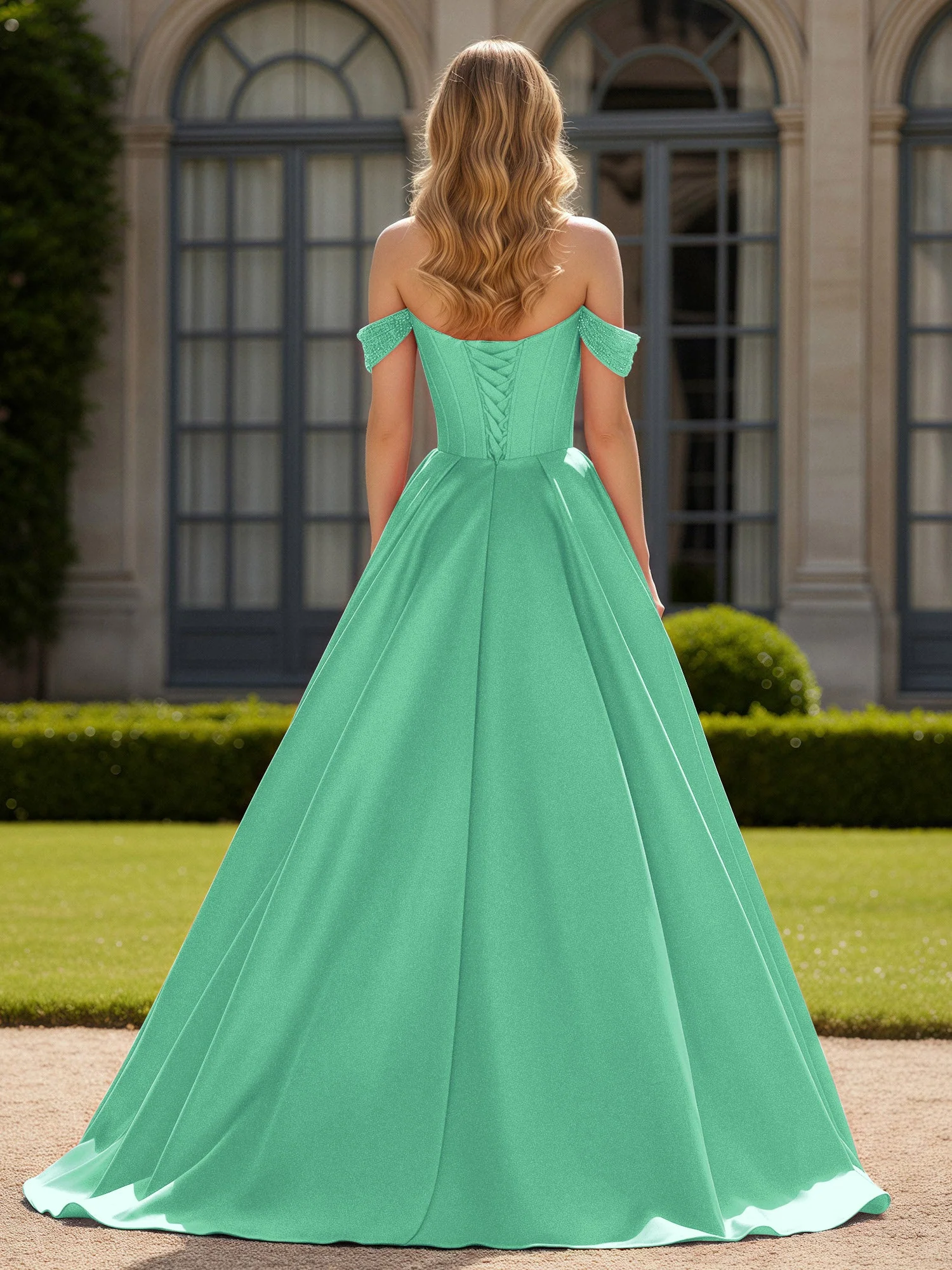Schulterfrei Perlen Herzform A-Linie Kleid mit Schlitz Türkis - Image 2