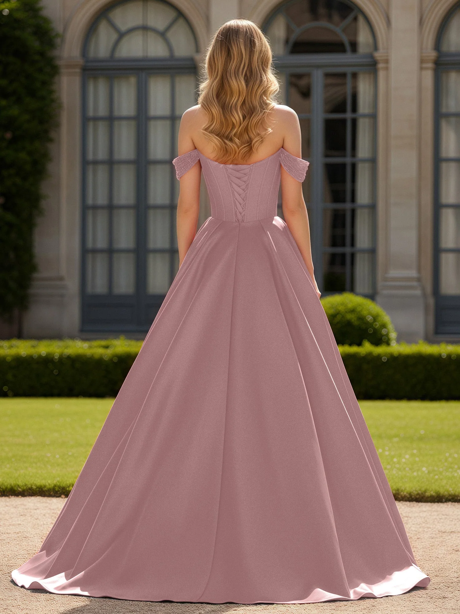 Schulterfrei Perlen Herzform A-Linie Kleid mit Schlitz Vintage Mauve - Image 2