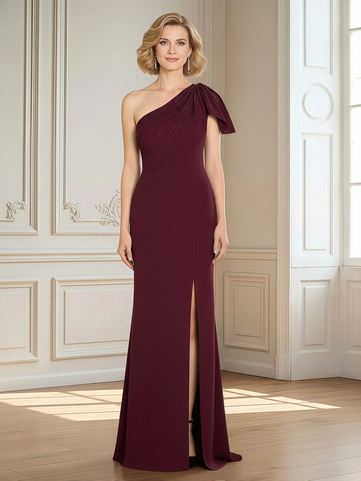 Eine Schulter Säule Kleid mit drapierten asymmetrischen Ausschnitt Stahlgrau