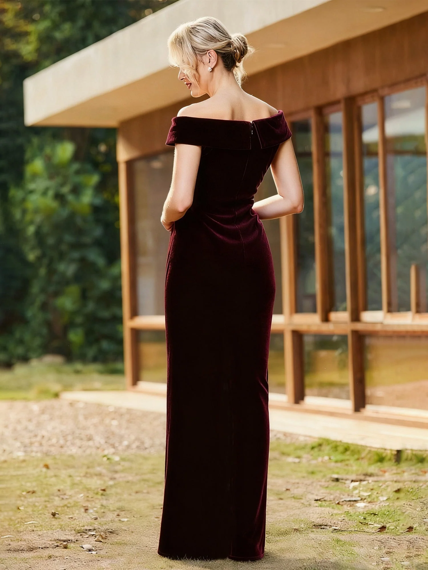 Plissee Schulterfrei Perlen Lang Kleid mit Schlitz Dunkelgrün - Image 2