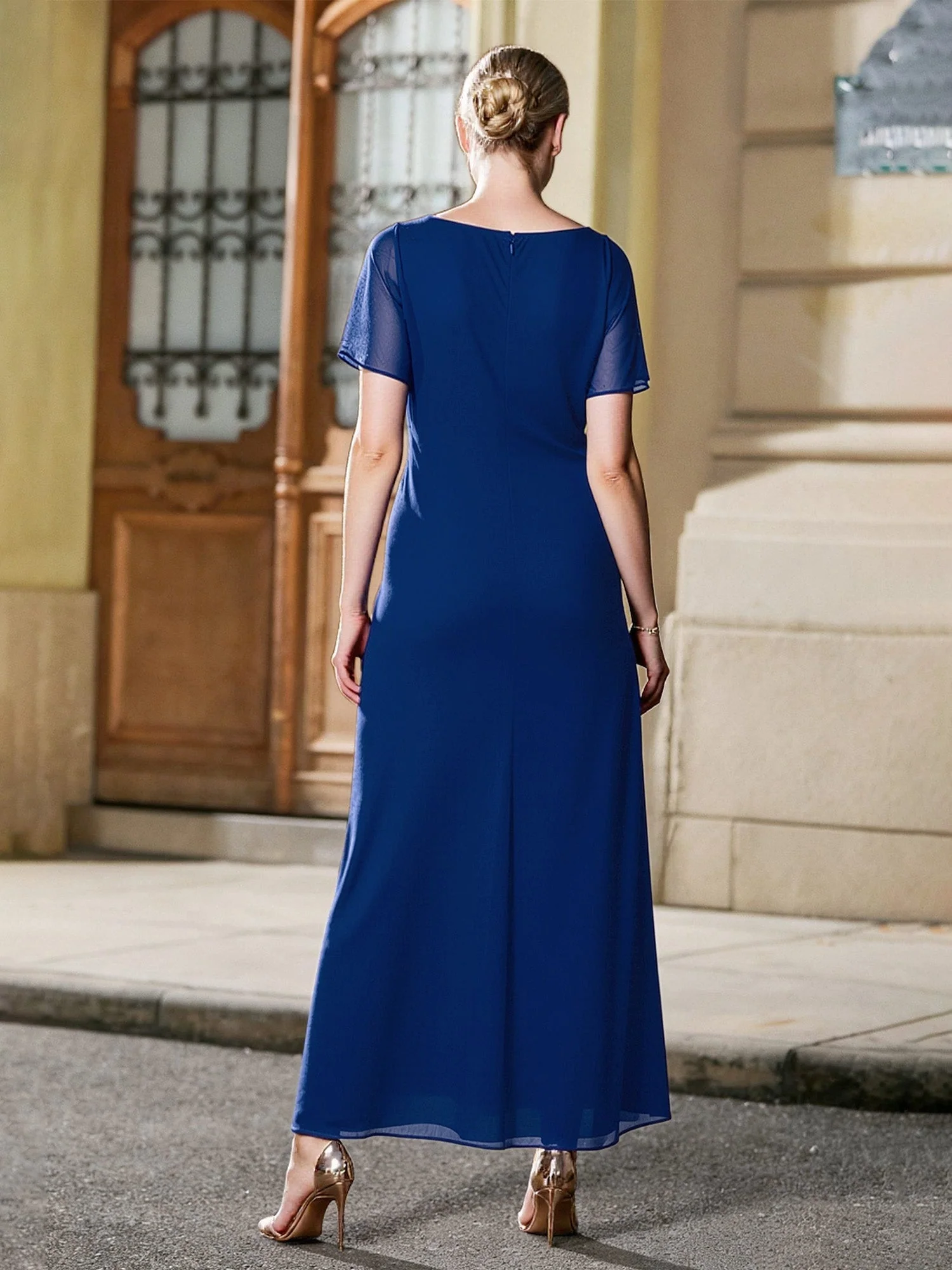 Plissee V-Ausschnitt Rüschen Lang Kleid mit Strass Wassermelone - Image 2