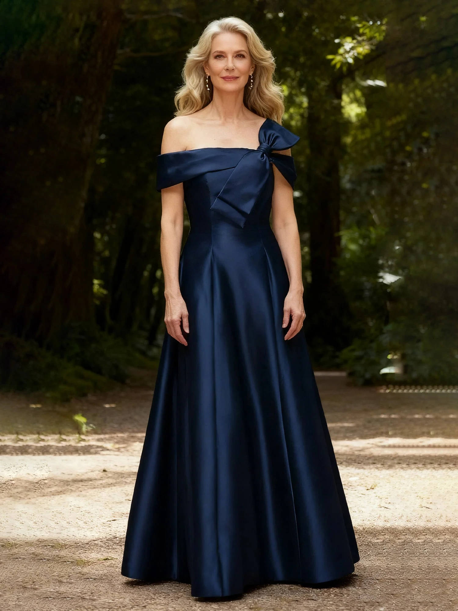 Schleife Schulterfrei A-Linie Lang Satin Kleid Taupe