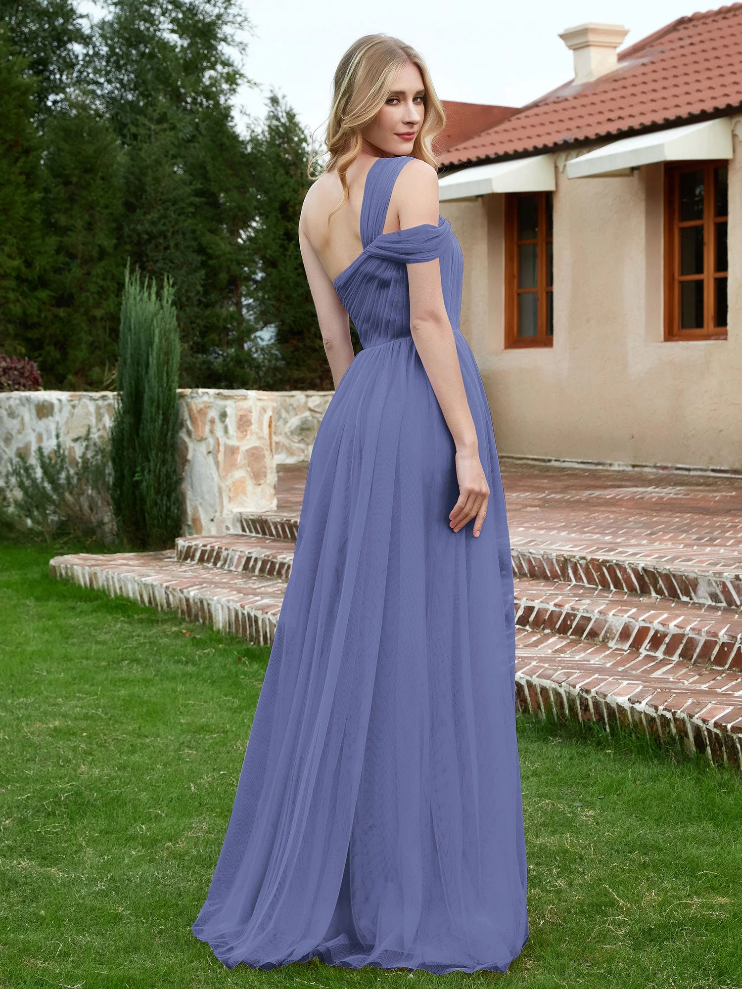Ein Schulter Tüll Lang Brautjungfernkleid Periwinkleblau - Image 2