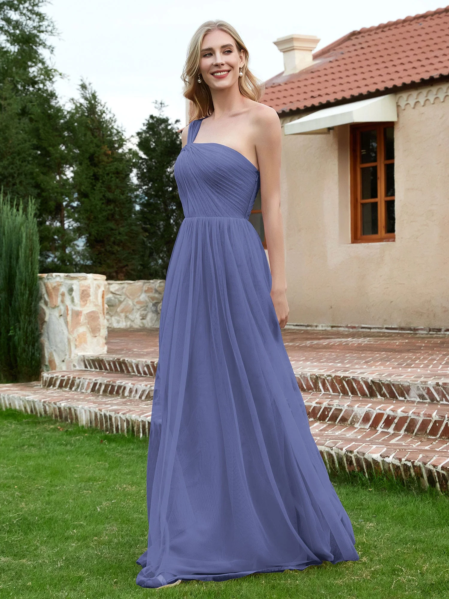 Ein Schulter Tüll Lang Brautjungfernkleid Periwinkleblau - Image 3