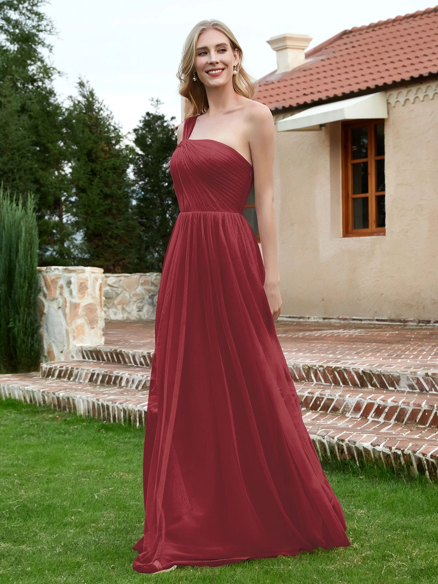 Ein Schulter Tüll Lang Brautjungfernkleid Zimtrose - Image 3