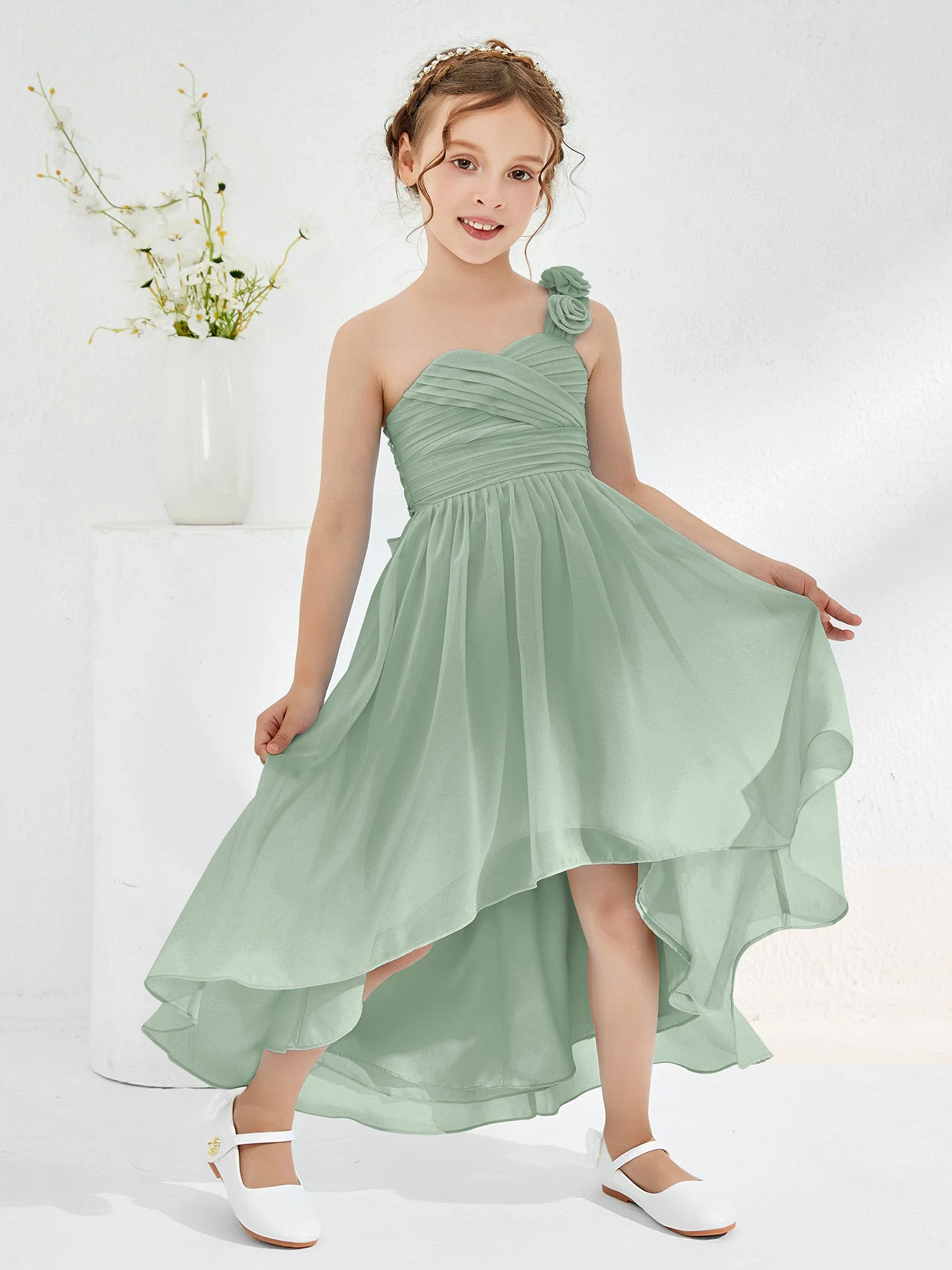 Eine Blume Schulter Asymmetrisch Junge Brautjungfernkleider Agavengrün - Image 3