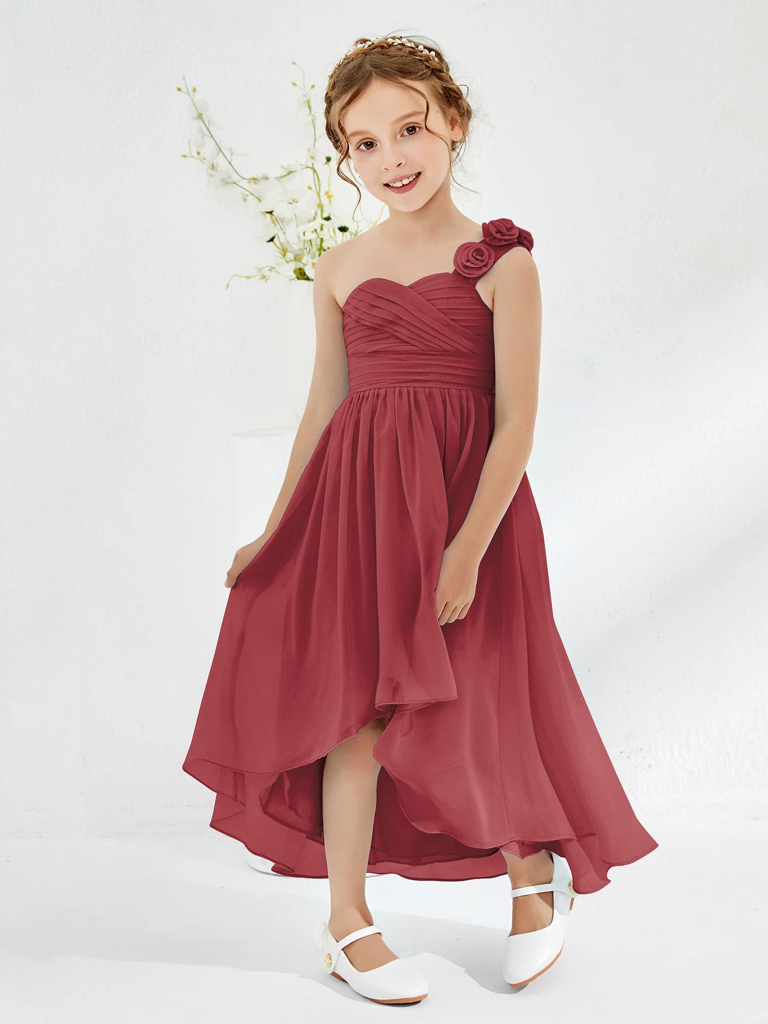 Eine Blume Schulter Asymmetrisch Junge Brautjungfernkleider Zimtrose