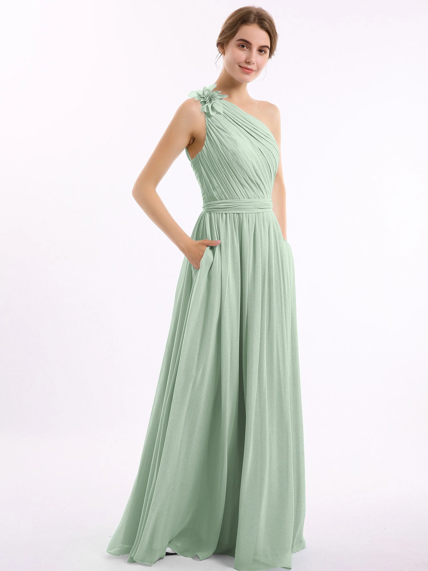 Eine Blume Schulter Chiffon Kleid mit Säckel Agavengrün - Image 3