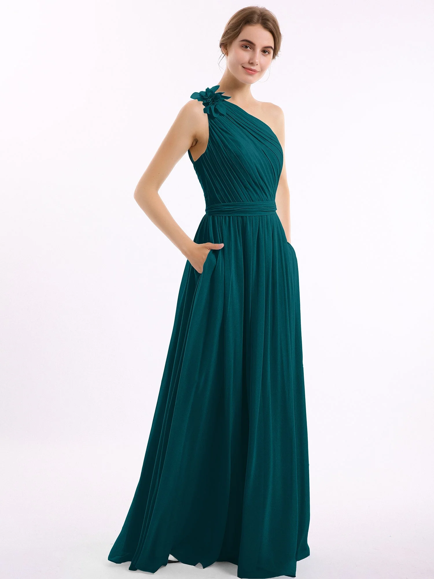 Eine Blume Schulter Chiffon Kleid mit Säckel Kieferngrün - Image 3