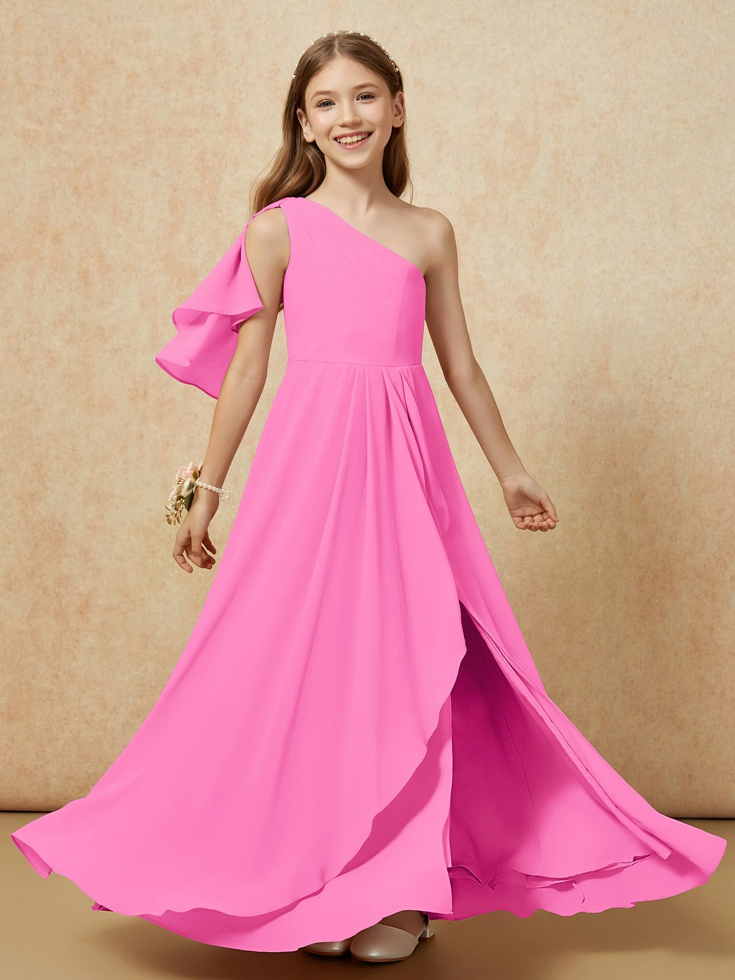 Eine Schulter A-Linie Lang Chiffon Junge Brautjungfernkleider Azalee