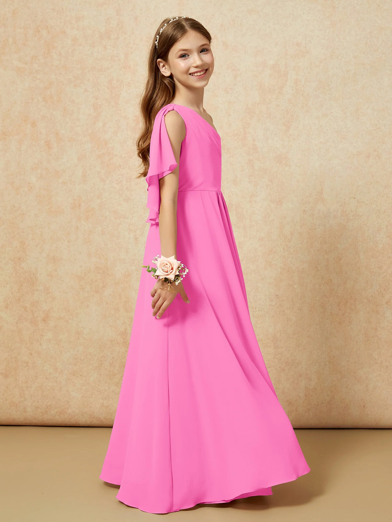 Eine Schulter A-Linie Lang Chiffon Junge Brautjungfernkleider Azalee - Image 2