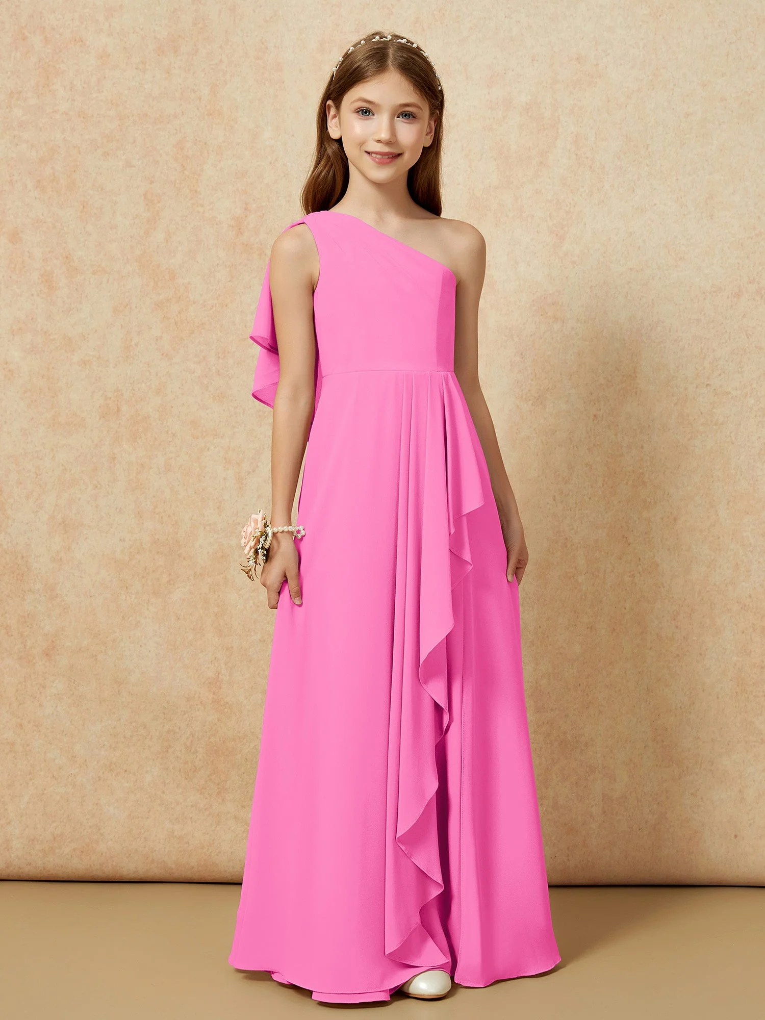 Eine Schulter A-Linie Lang Chiffon Junge Brautjungfernkleider Azalee - Image 4
