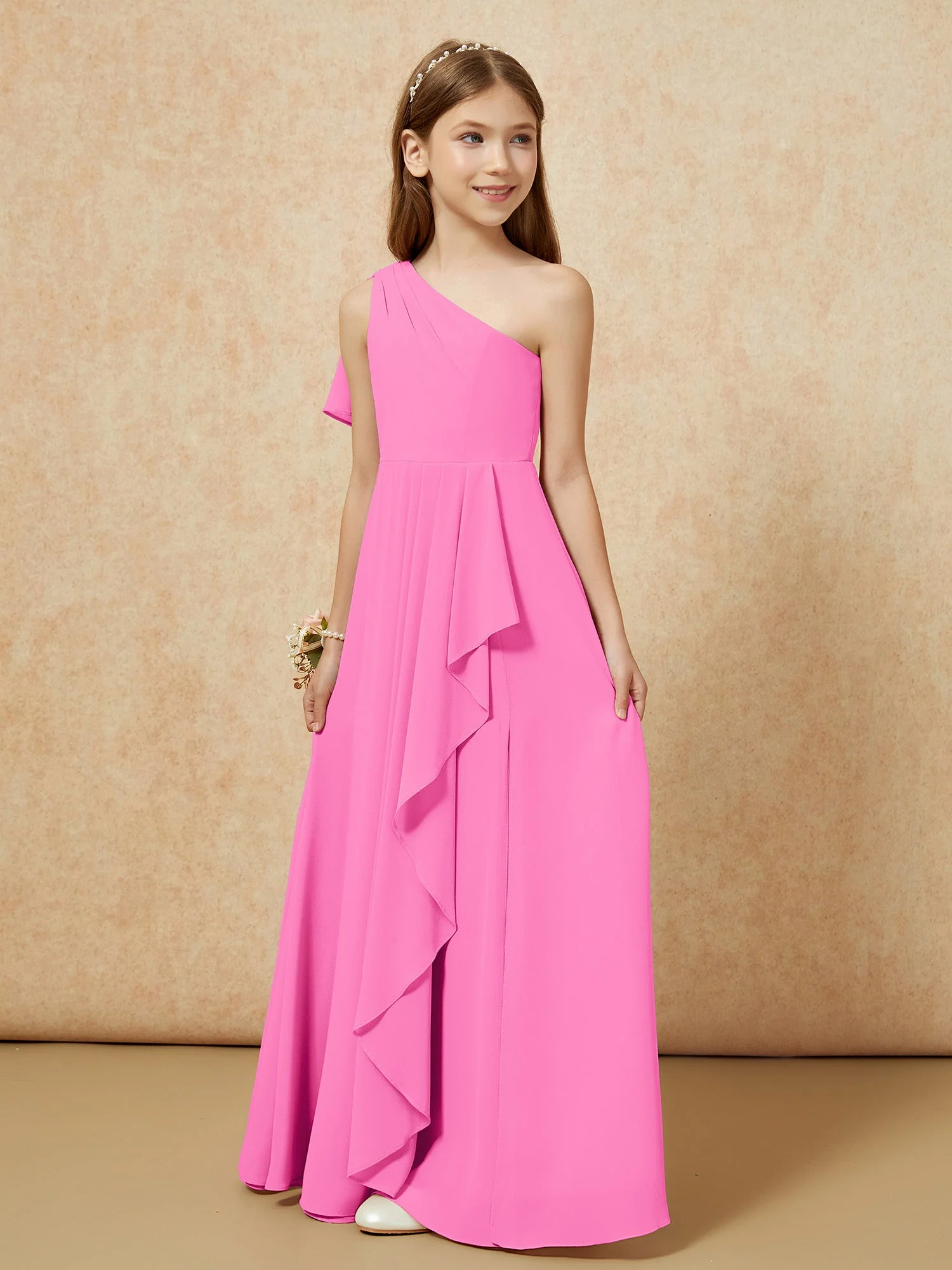 Eine Schulter A-Linie Lang Chiffon Junge Brautjungfernkleider Azalee - Image 5