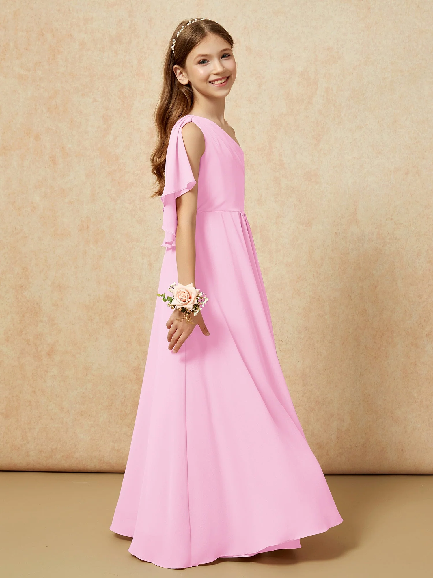 Eine Schulter A-Linie Lang Chiffon Junge Brautjungfernkleider Bonbonrosa - Image 2