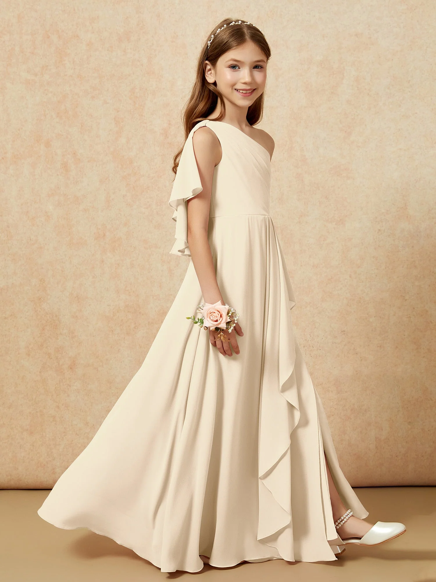 Eine Schulter A-Linie Lang Chiffon Junge Brautjungfernkleider Champagner - Image 6