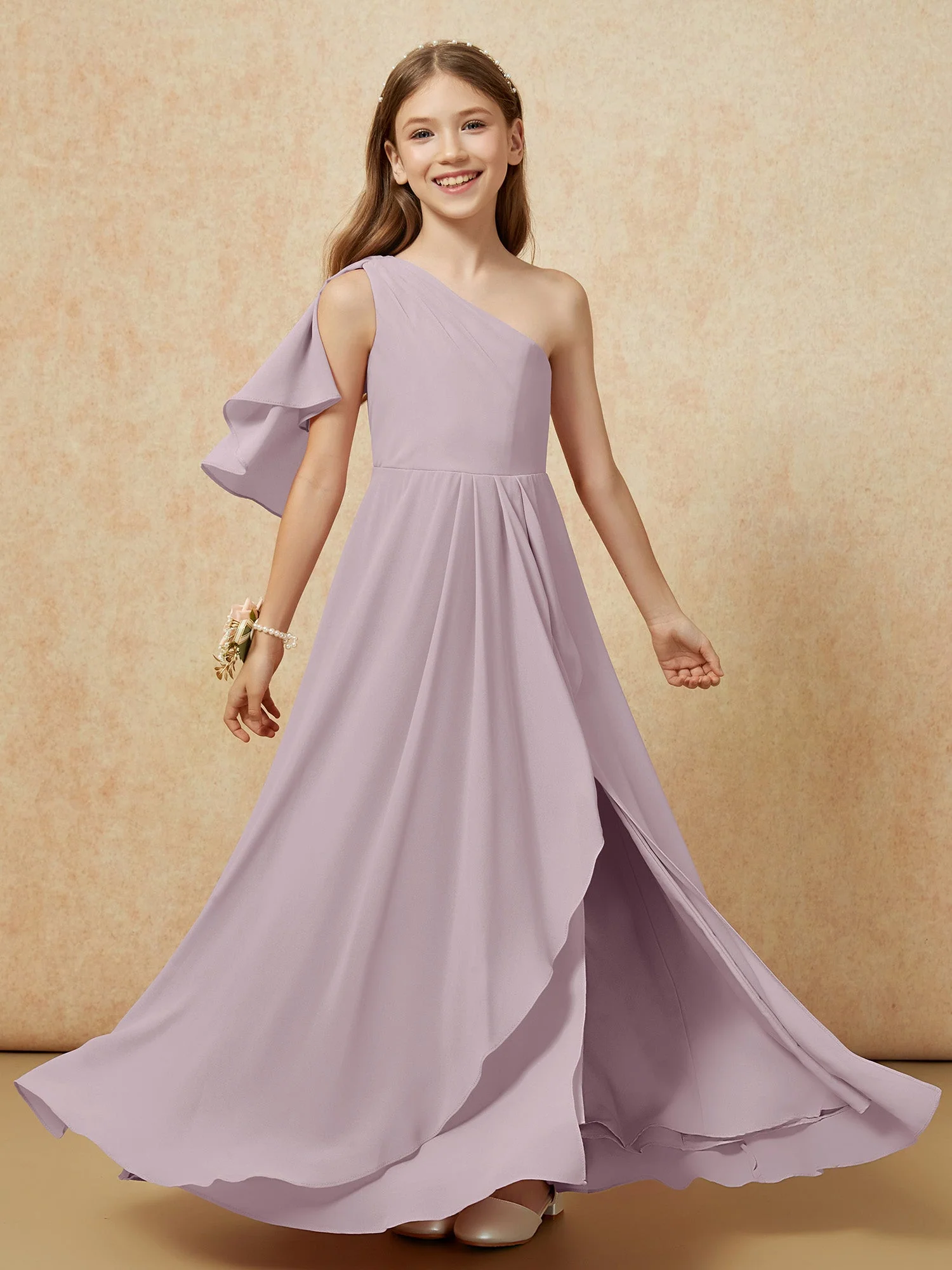Eine Schulter A-Linie Lang Chiffon Junge Brautjungfernkleider Dämmerung