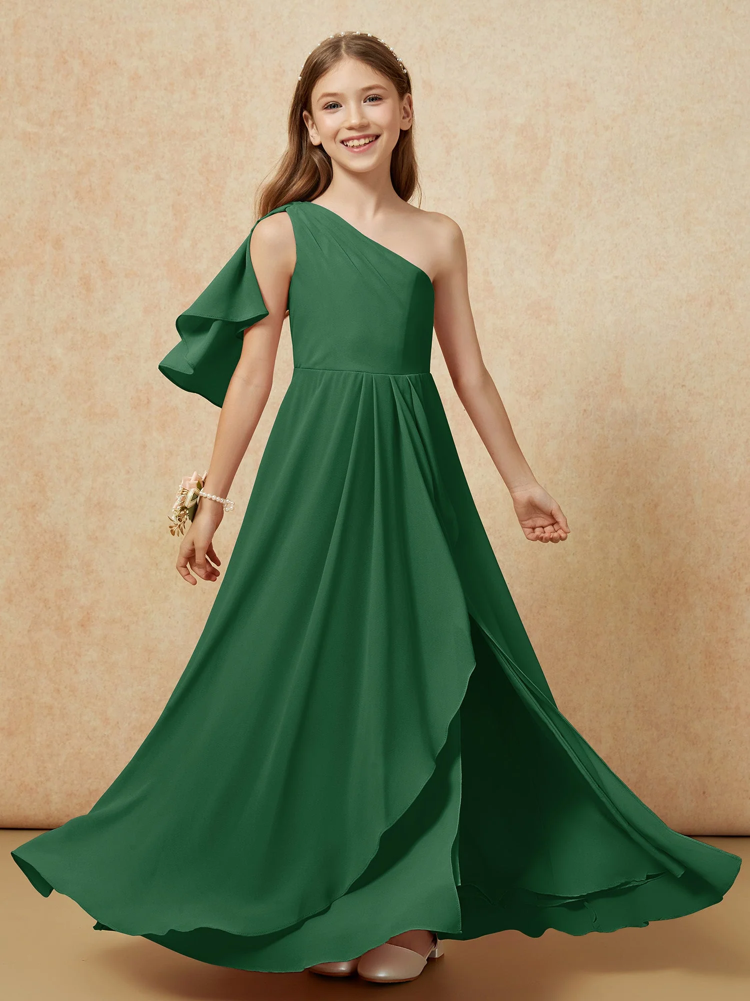 Eine Schulter A-Linie Lang Chiffon Junge Brautjungfernkleider Dunkelgrün