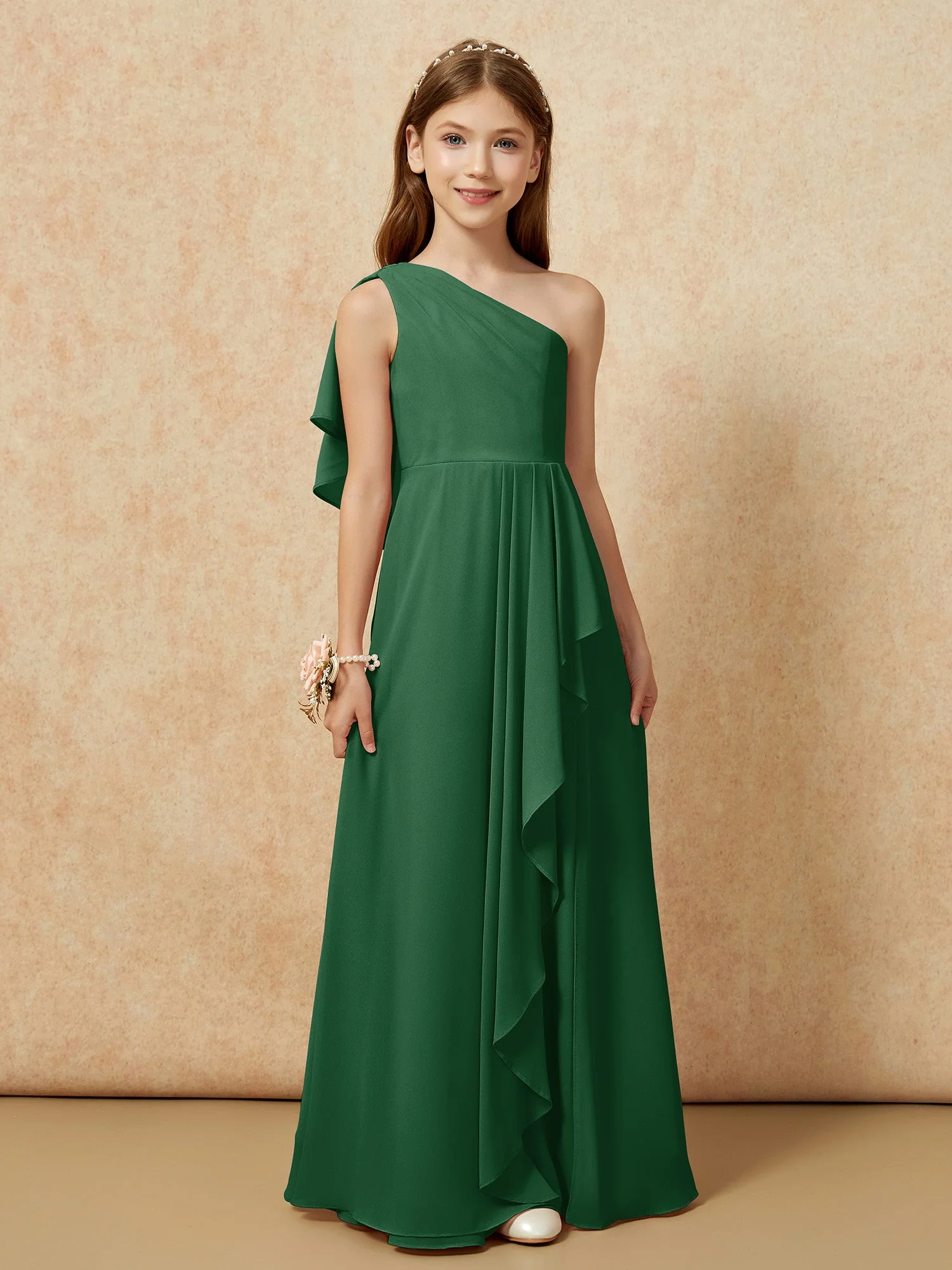 Eine Schulter A-Linie Lang Chiffon Junge Brautjungfernkleider Dunkelgrün - Image 4