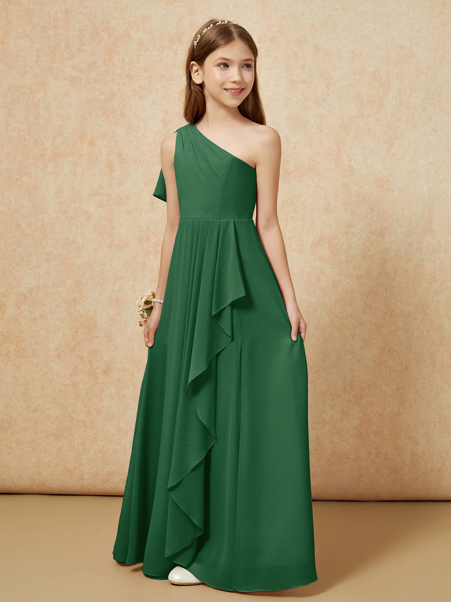 Eine Schulter A-Linie Lang Chiffon Junge Brautjungfernkleider Dunkelgrün - Image 5