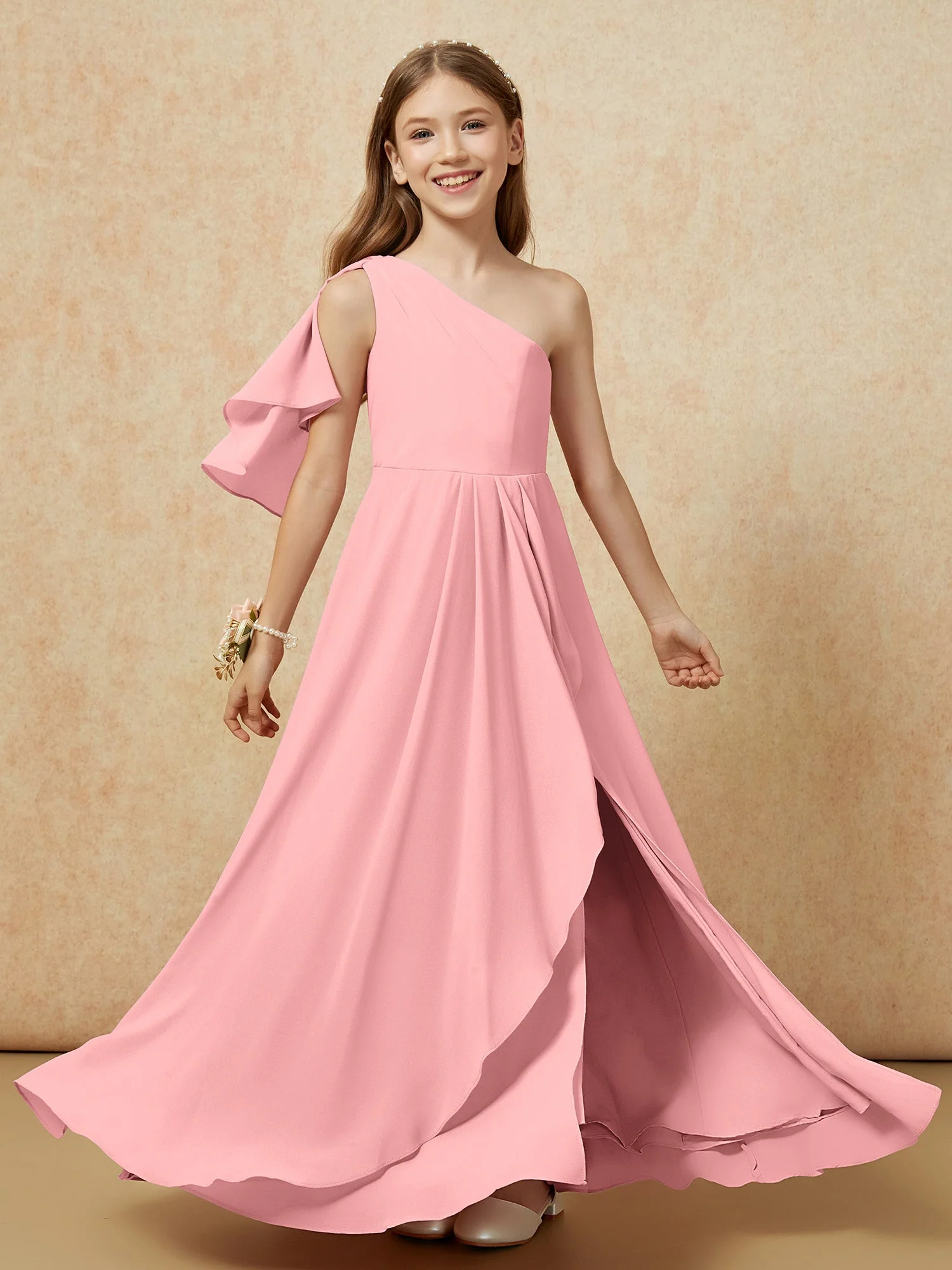 Eine Schulter A-Linie Lang Chiffon Junge Brautjungfernkleider Flamingo