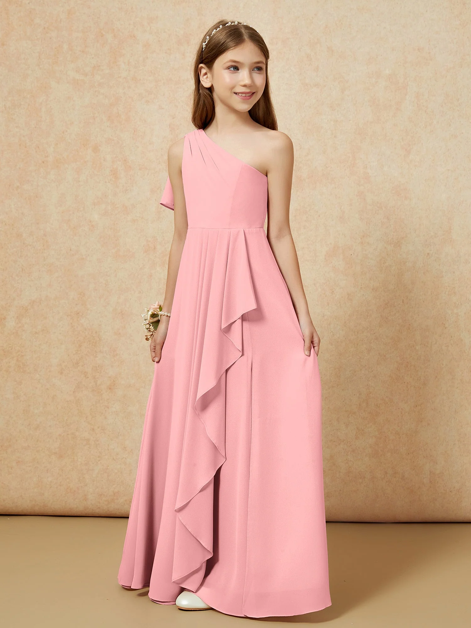 Eine Schulter A-Linie Lang Chiffon Junge Brautjungfernkleider Flamingo - Image 5