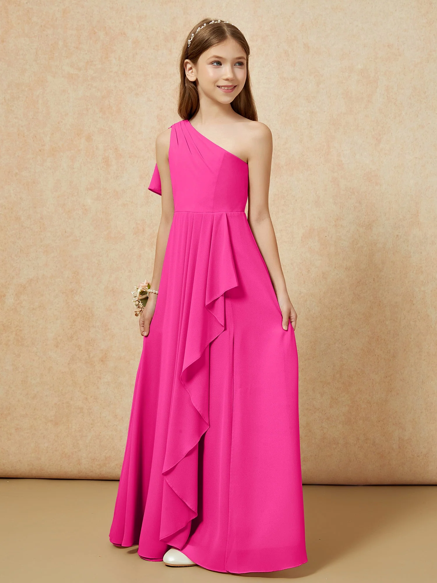 Eine Schulter A-Linie Lang Chiffon Junge Brautjungfernkleider Fuchsia - Image 5
