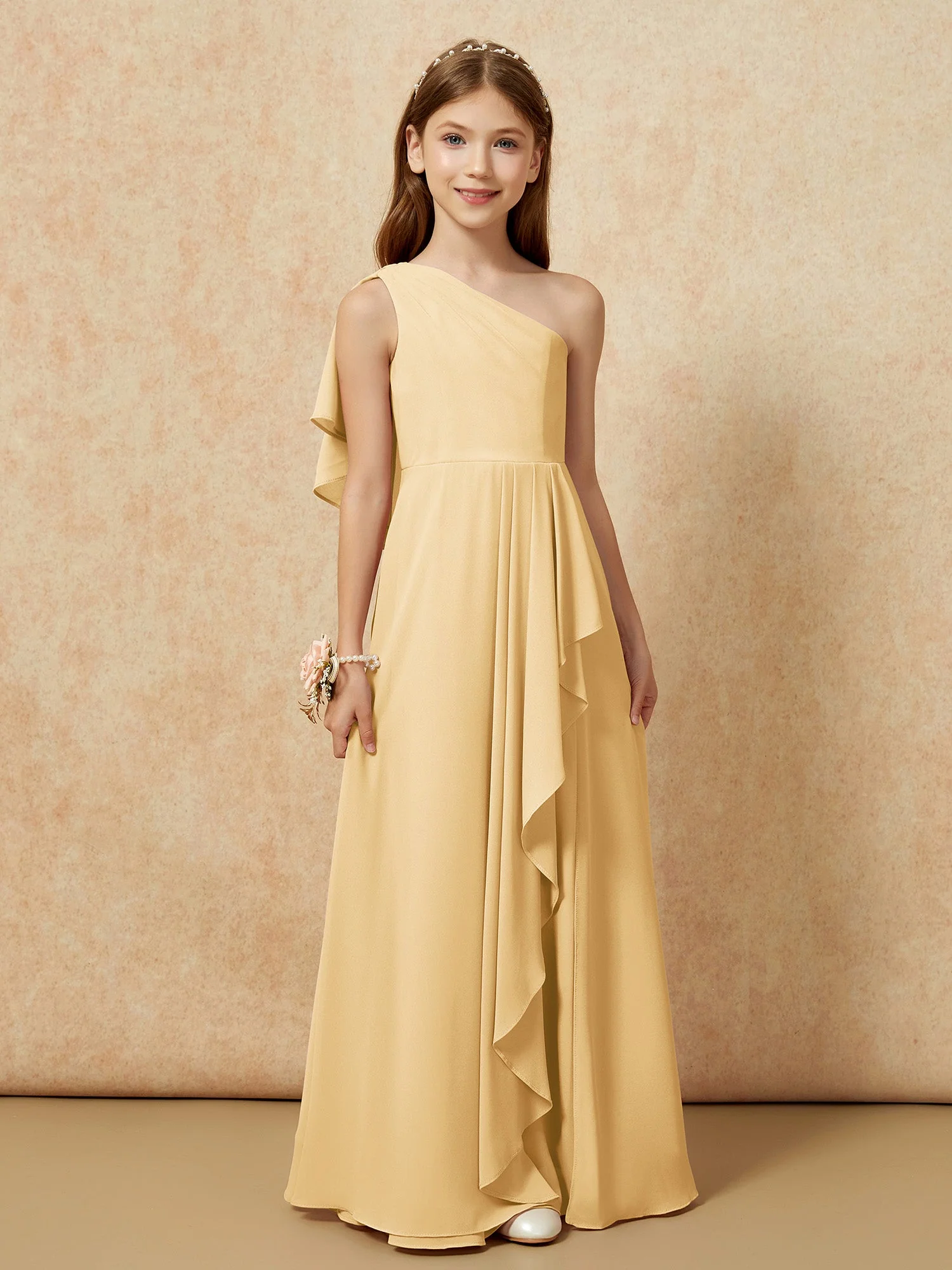 Eine Schulter A-Linie Lang Chiffon Junge Brautjungfernkleider Gold - Image 4