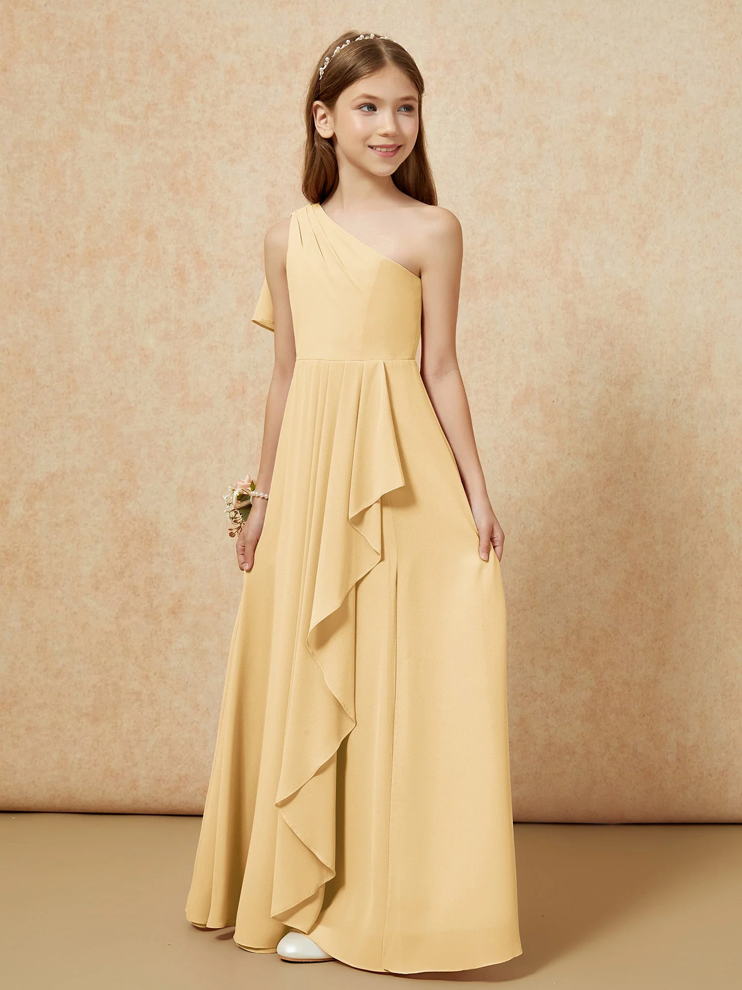 Eine Schulter A-Linie Lang Chiffon Junge Brautjungfernkleider Gold - Image 5