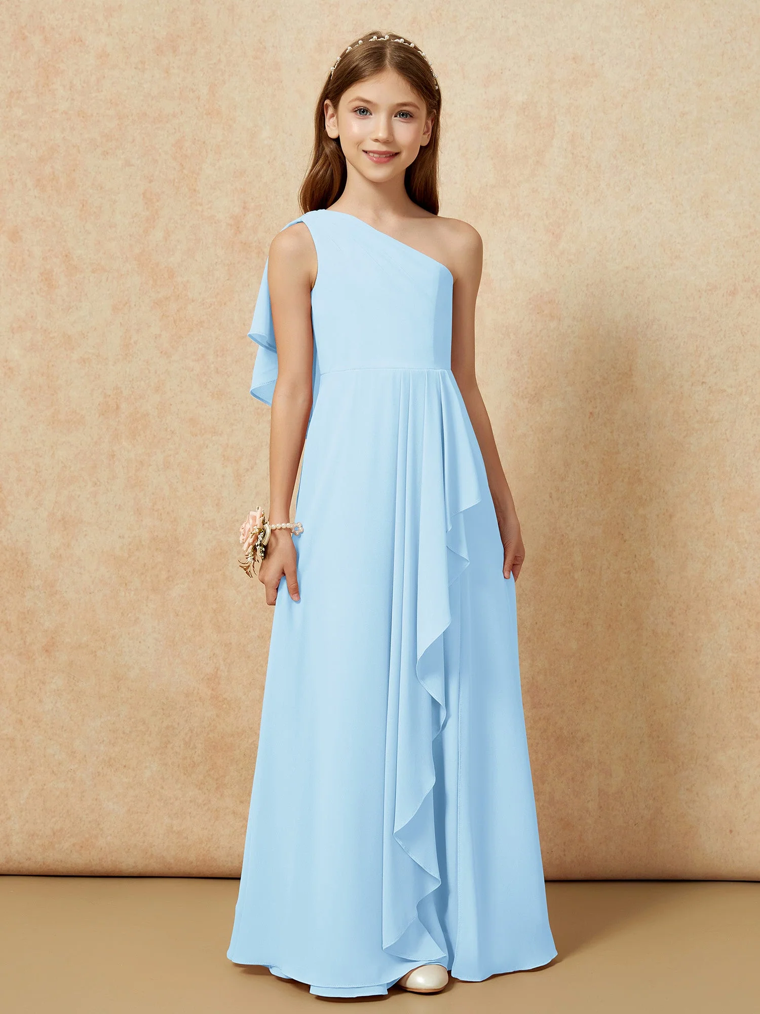 Eine Schulter A-Linie Lang Chiffon Junge Brautjungfernkleider Himmelblau - Image 4