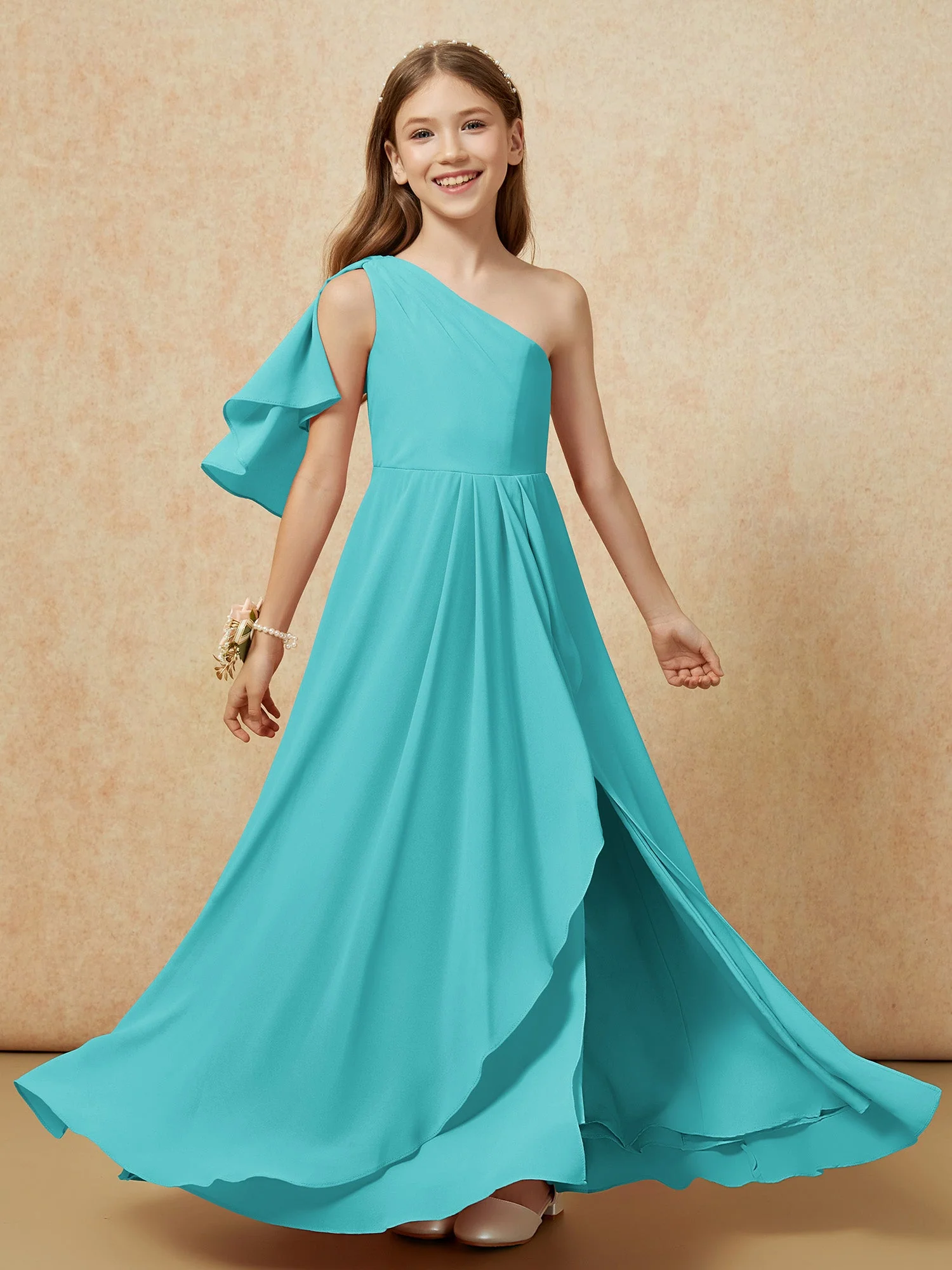 Eine Schulter A-Linie Lang Chiffon Junge Brautjungfernkleider Jade